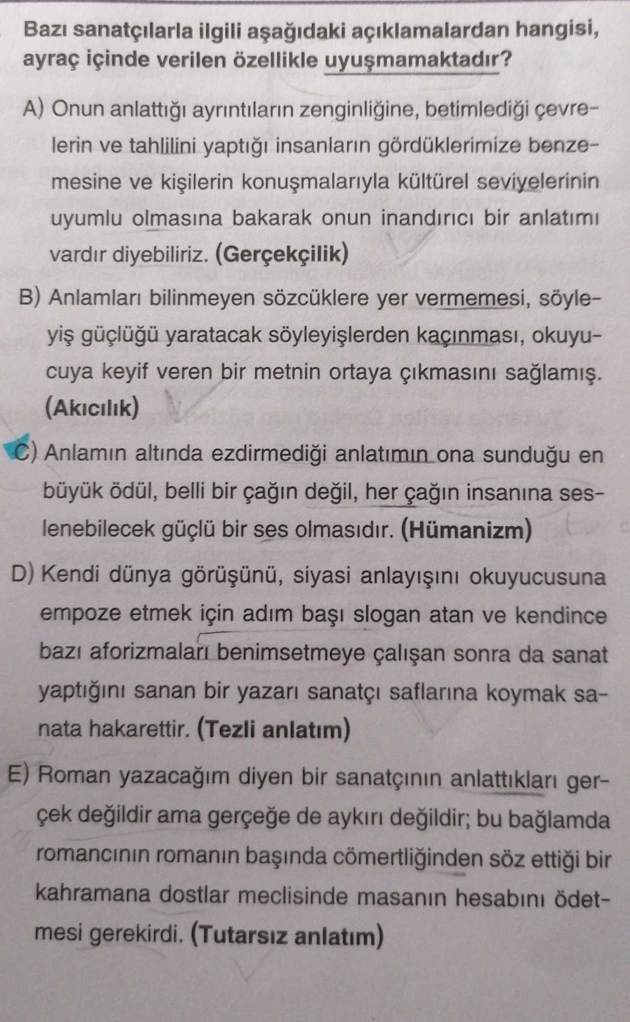Bazı sanatçılarla ilgili aşağıdaki açıklamalardan hangisi, ayraç içinde verilen özellikle