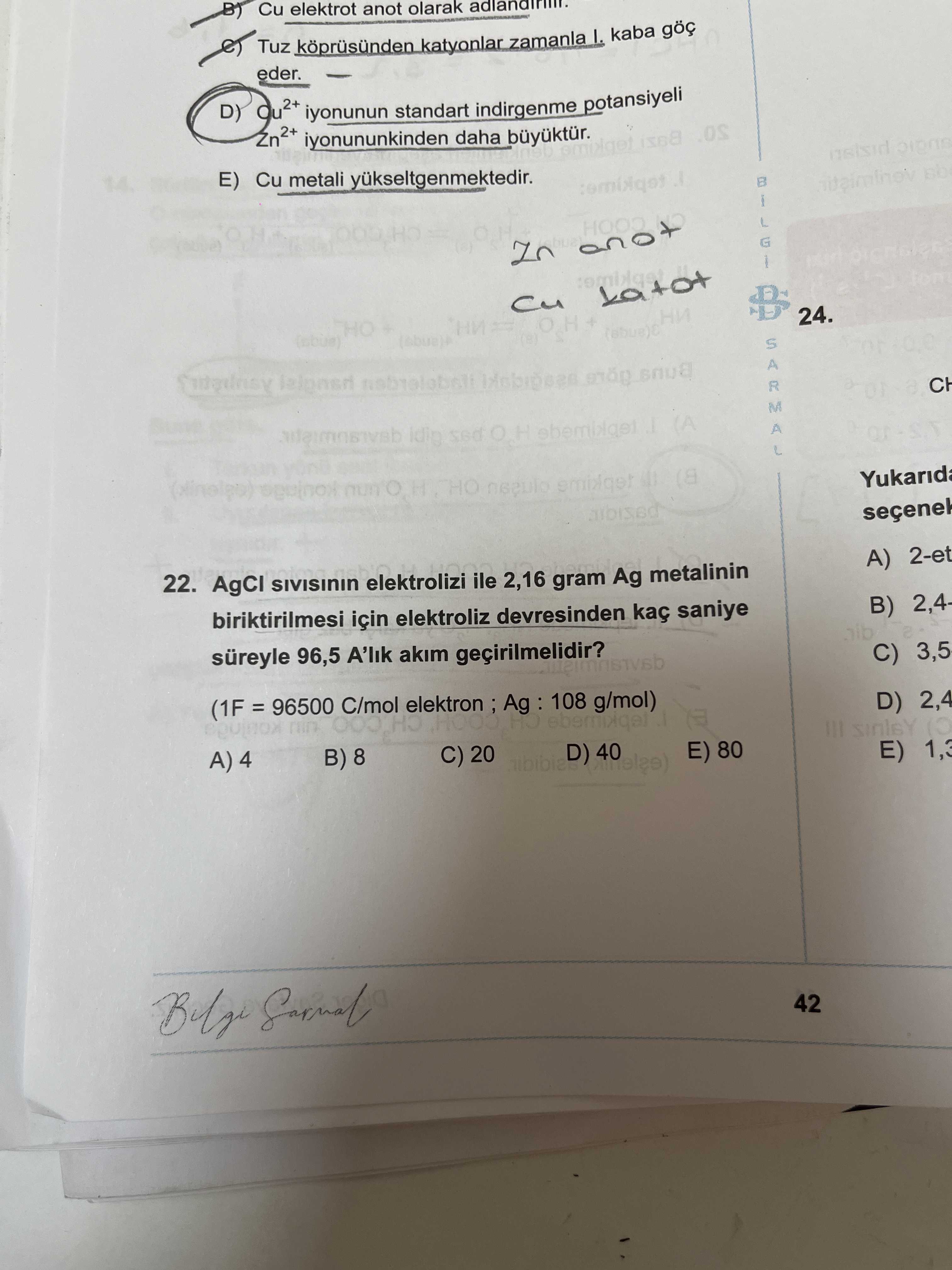 AgCl sıvısının elektrolizi ile 2,16 gram Ag metalinin biriktirilmesi için elektroliz devresinden kaç
