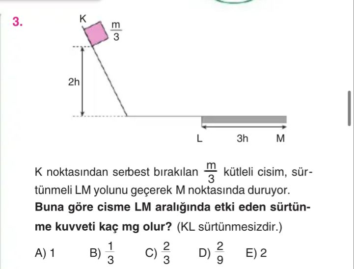 K noktasından serbest bırakılan m/3 kütleli cisim, sürtünmeli LM yolunu geçerek M noktasında