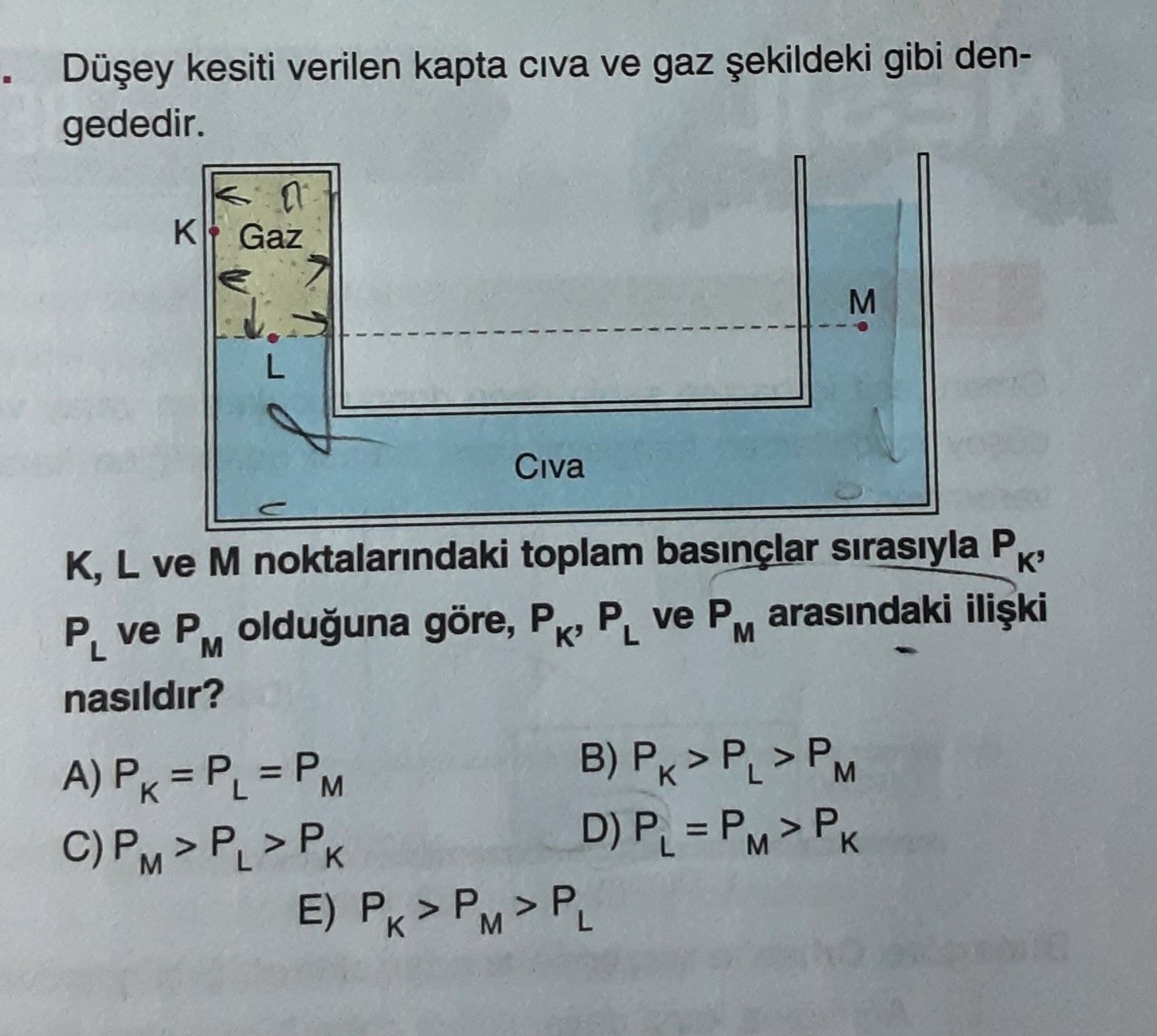 Düşey kesiti verilen kapta cıva ve gaz şekildeki gibi dengededir. K, L ve M noktalarındaki toplam