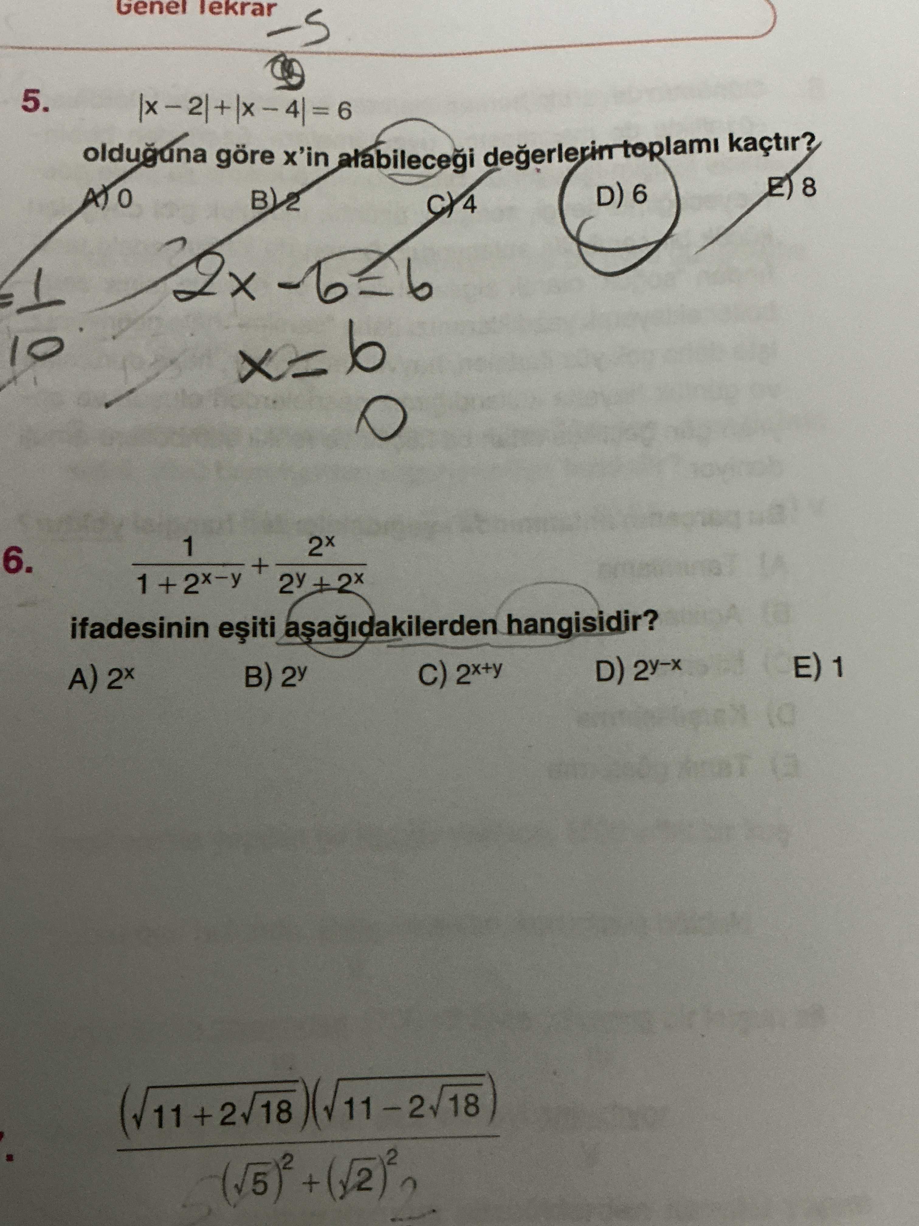 |x − 2| + |x − 4| = 6 olduğuna göre x'in alabileceği değerlerin toplamı kaçtır?