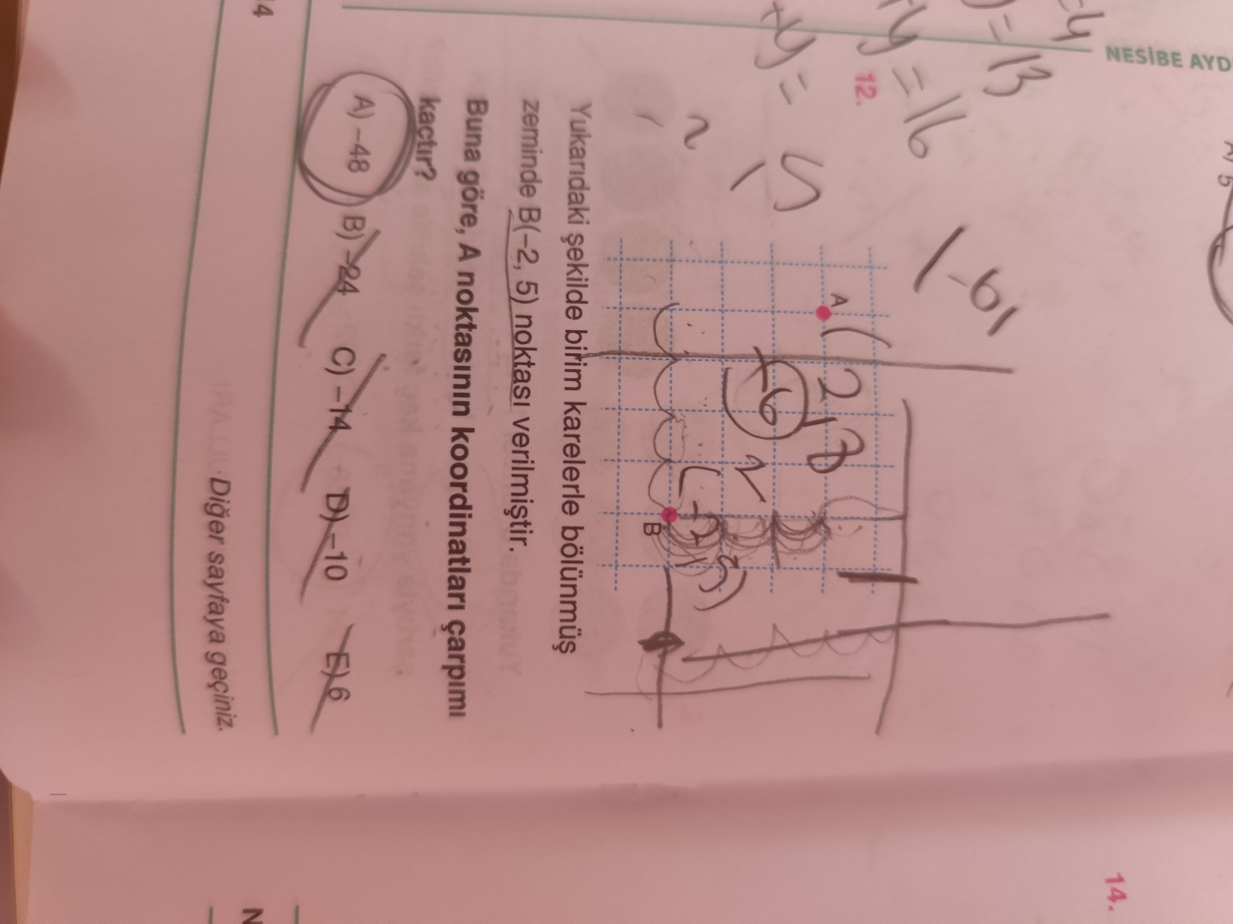 Yukarıdaki şekilde birim karelerle bölünmüş zeminde B(-2, 5) noktası verilmiştir. Buna göre, A