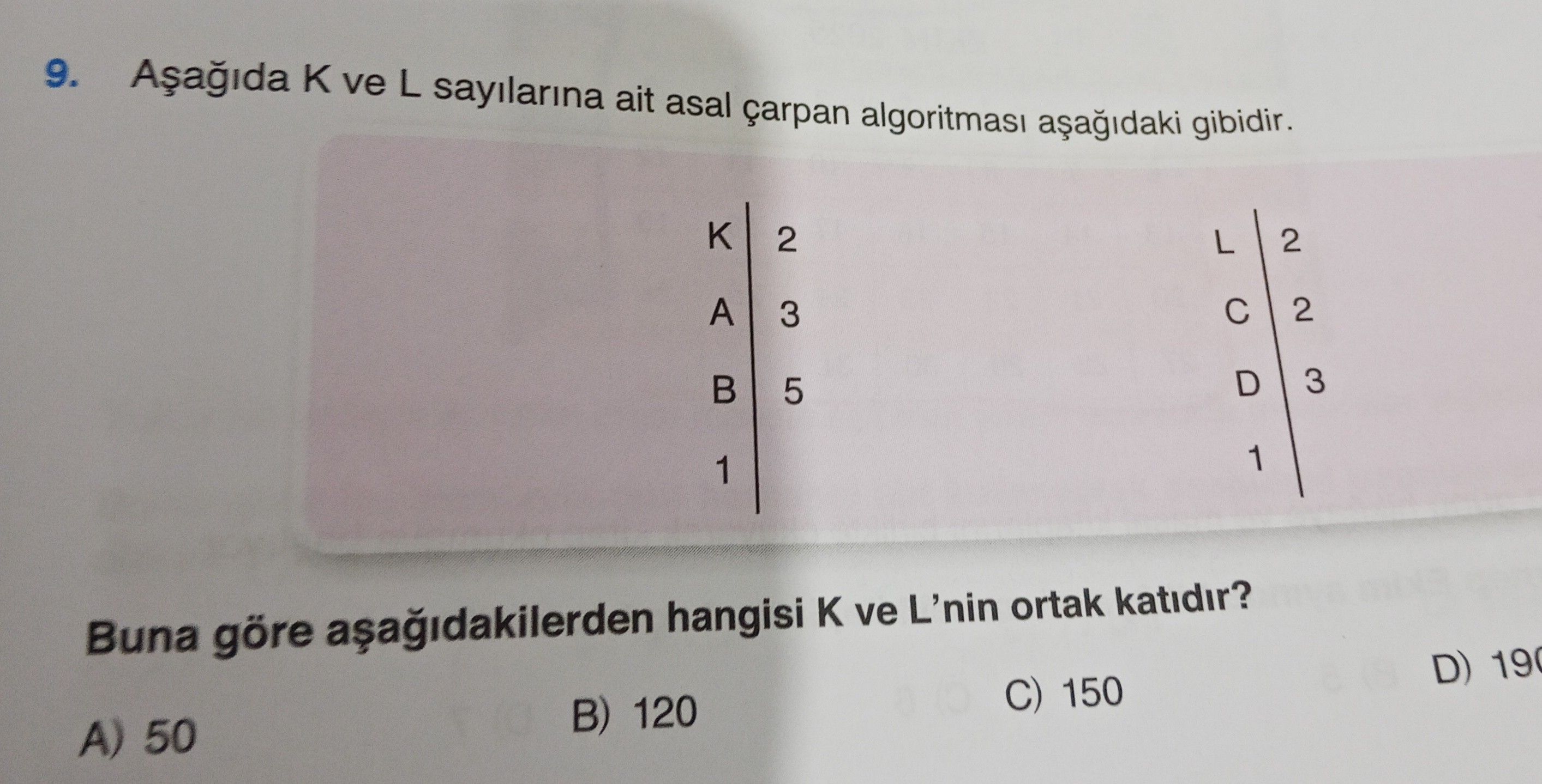 Aşağıda K ve L sayılarına ait asal çarpan algoritması aşağıdaki gibidir. Buna göre aşağıdakilerden
