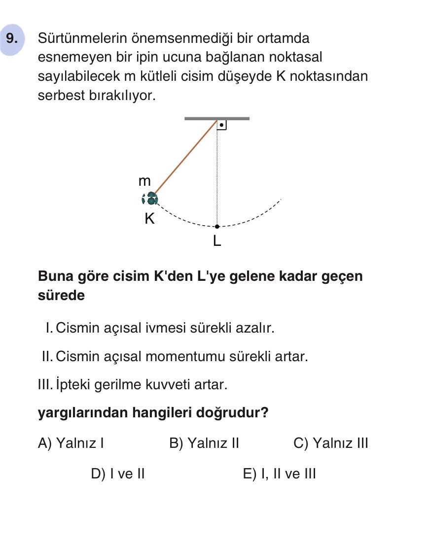 Sürtünmelerin önemsenmediği bir ortamda esnemeyen bir ipin ucuna bağlanan noktasal sayılabilecek m