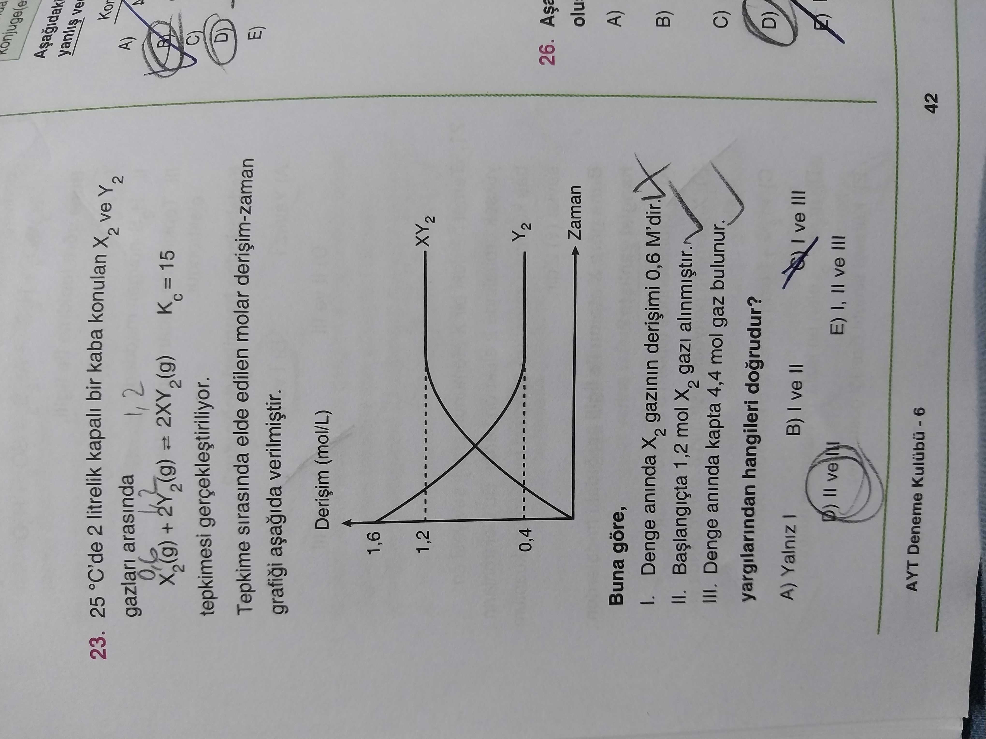 25 °C'de 2 litrelik kapalı bir kaba konulan X₂ ve Y₂ gazları arasında X₂(g) + 2Y₂(g) ⇌ 2XY₂(g) Kc =