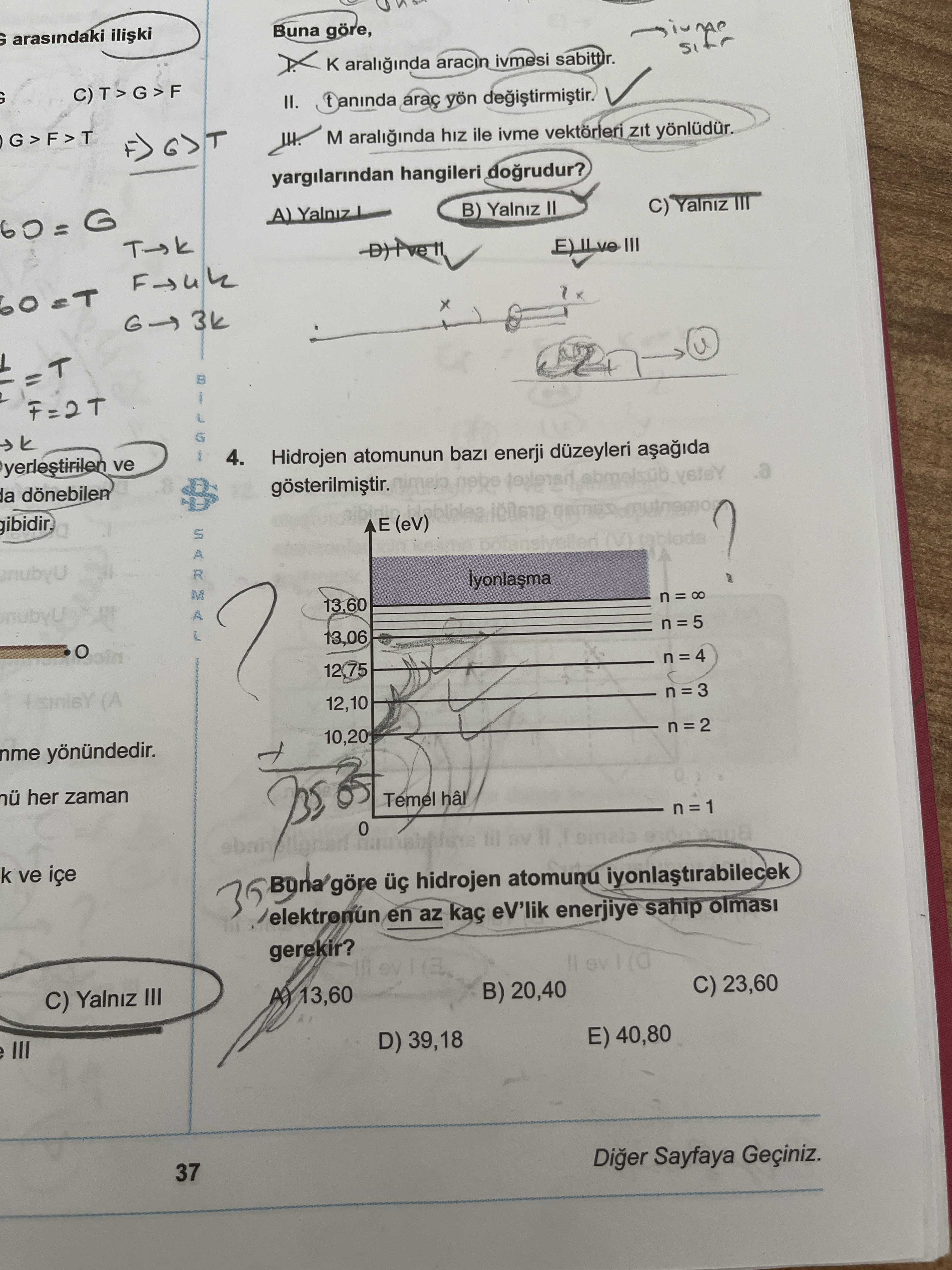 Hidrojen atomunun bazı enerji düzeyleri aşağıda gösterilmiştir. Buna göre üç hidrojen atomunu