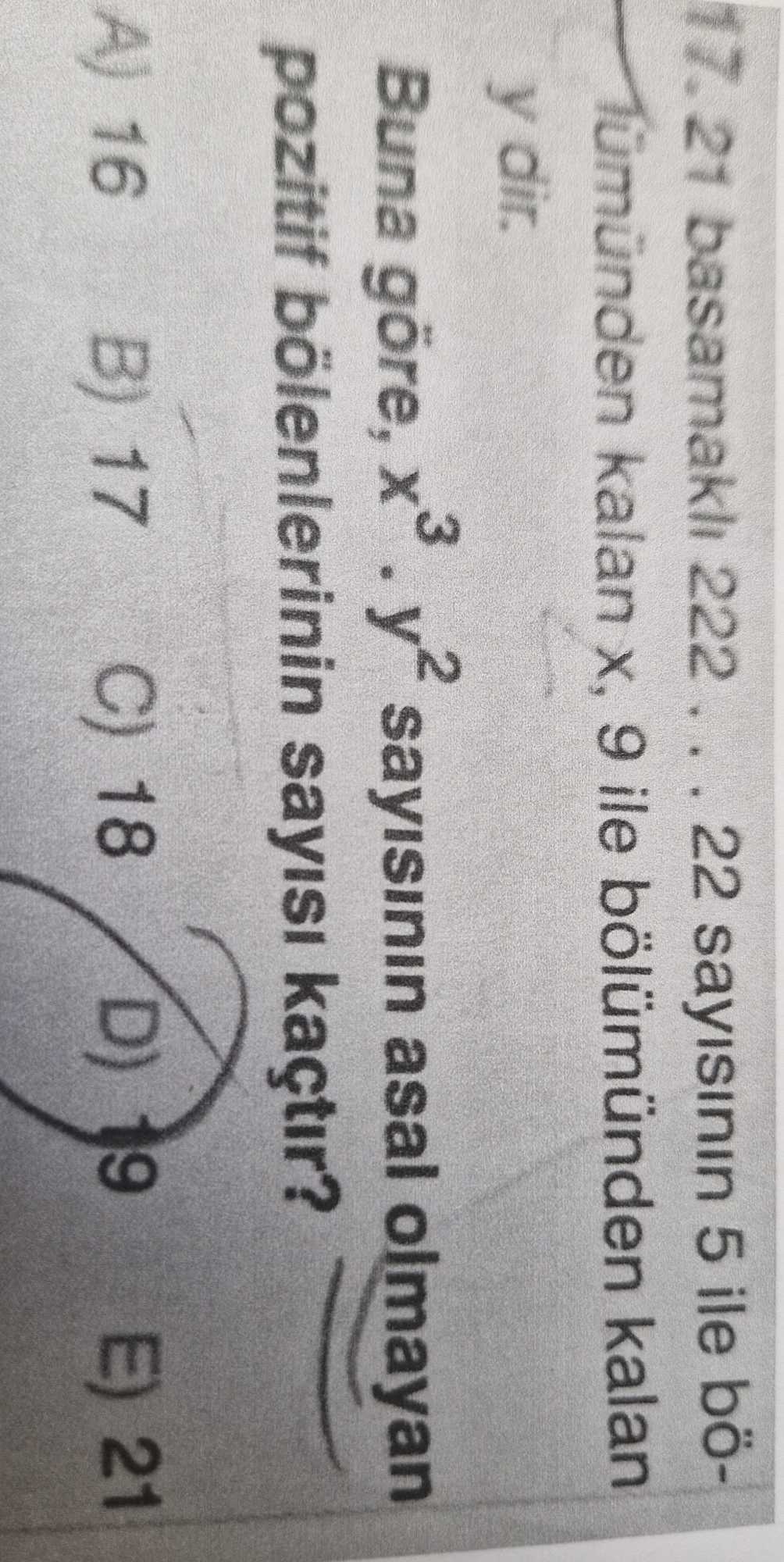21 basamaklı 222...22 sayısının 5 ile bölümünden kalan x, 9 ile bölümünden kalan y dir. Buna göre