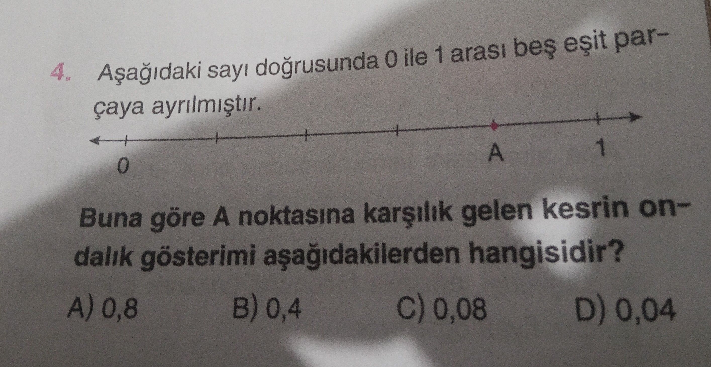 Aşağıdaki sayı doğrusunda 0 ile 1 arası beş eşit parçaya ayrılmıştır. Buna göre A noktasına karşılık