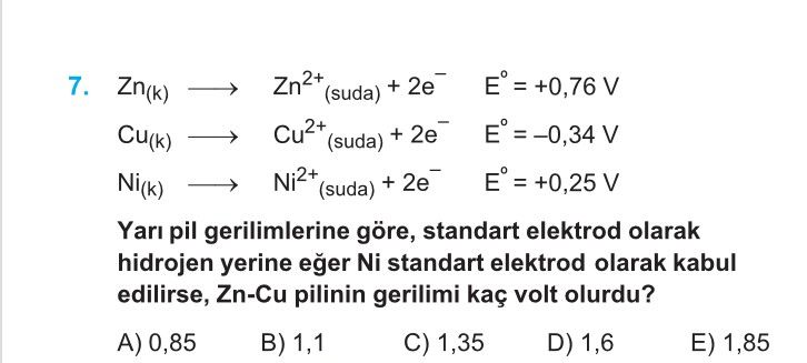 Zn(k) → Zn²⁺(suda) + 2e⁻ E° = +0,76 V Cu(k) → Cu²⁺(suda) + 2e⁻ E° = –0,34 V Ni(k) → Ni²⁺(suda) + 2e⁻