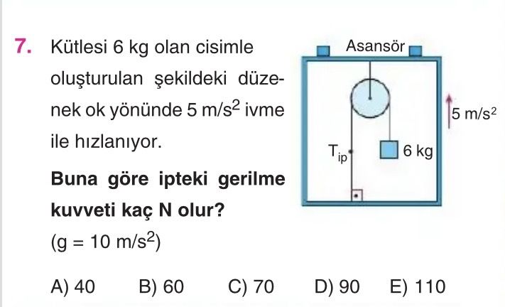 Kütlesi 6 kg olan cisimle oluşturulan şekildeki düzenek ok yönünde 5 m/s² ivme ile hızlanıyor. Buna