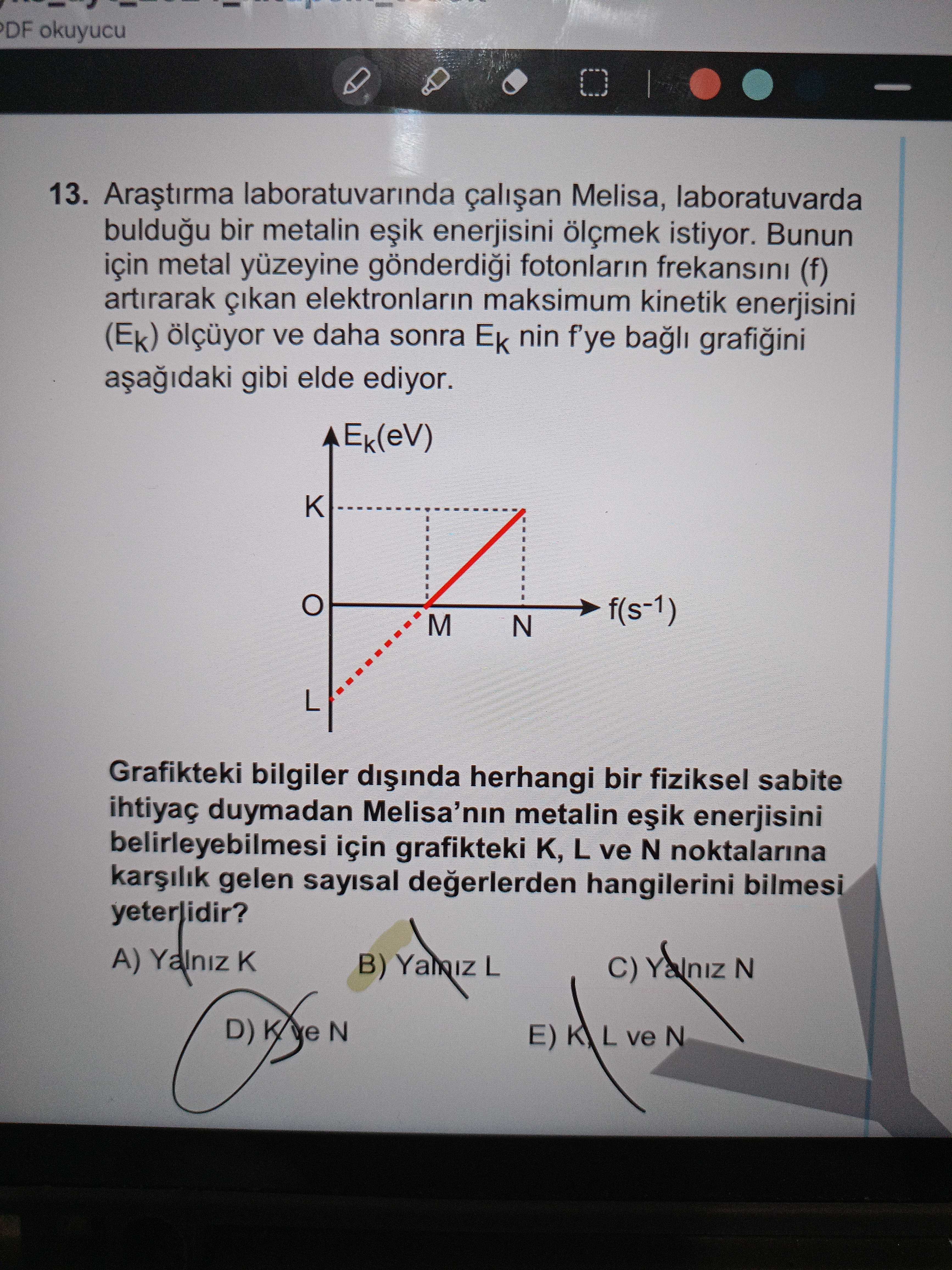 Araştırma laboratuvarında çalışan Melisa, laboratuvarda bulduğu bir metalin eşik enerjisini ölçmek