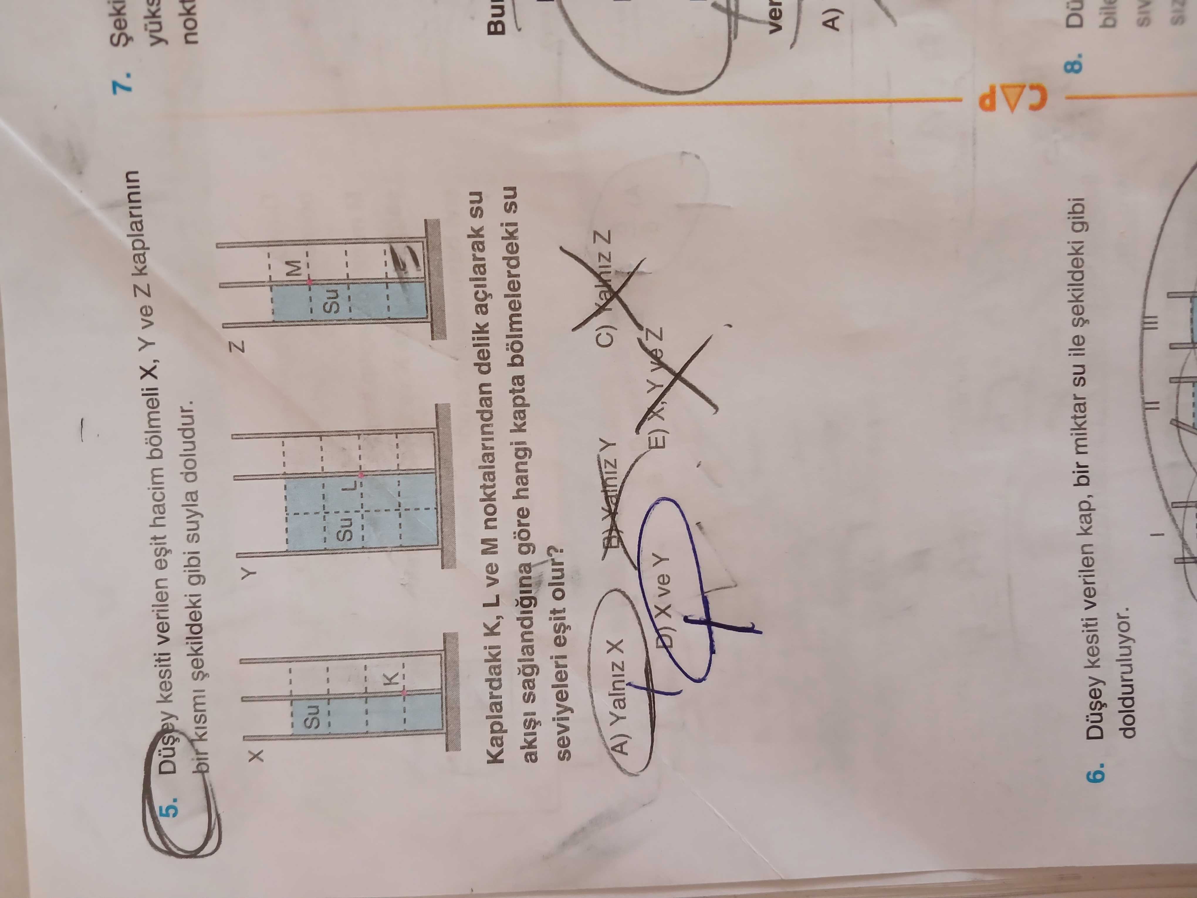 Düşey kesiti verilen eşit hacim bölmeli X, Y ve Z kaplarının bir kısmı şekildeki gibi suyla doludur