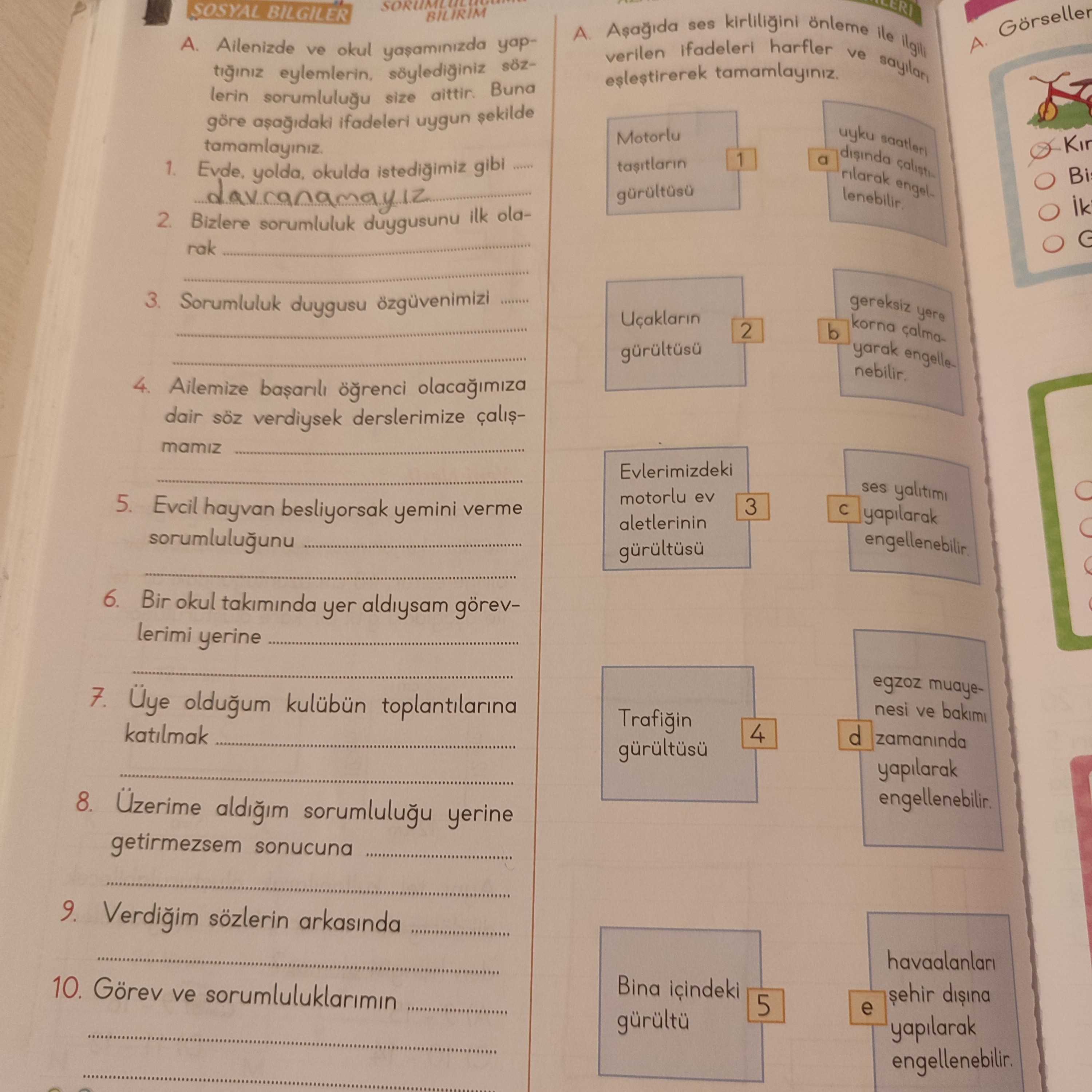 Aşağıda ses kirliliğini önleme ile ilgili verilen ifadeleri harfler ve sayıları eşleştirerek