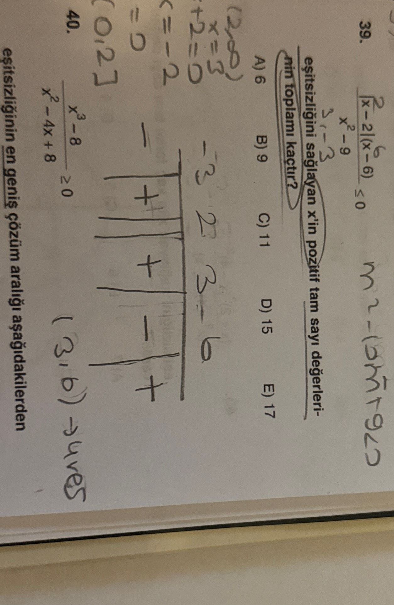 x² - 9 ―――――― ≤ 0 |x - 2|(x - 6) eşitsizliğini sağlayan x'in pozitif tam sayı değerlerinin toplamı
