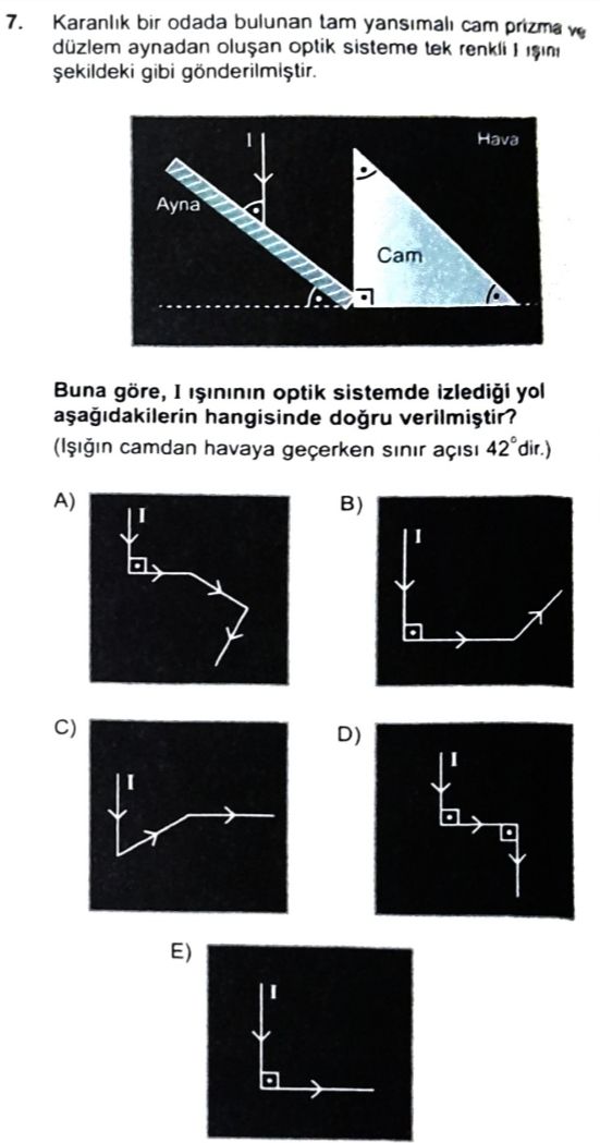 Karanlık bir odada bulunan tam yansımalı cam prizma ve düzlem aynadan oluşan optik sisteme tek