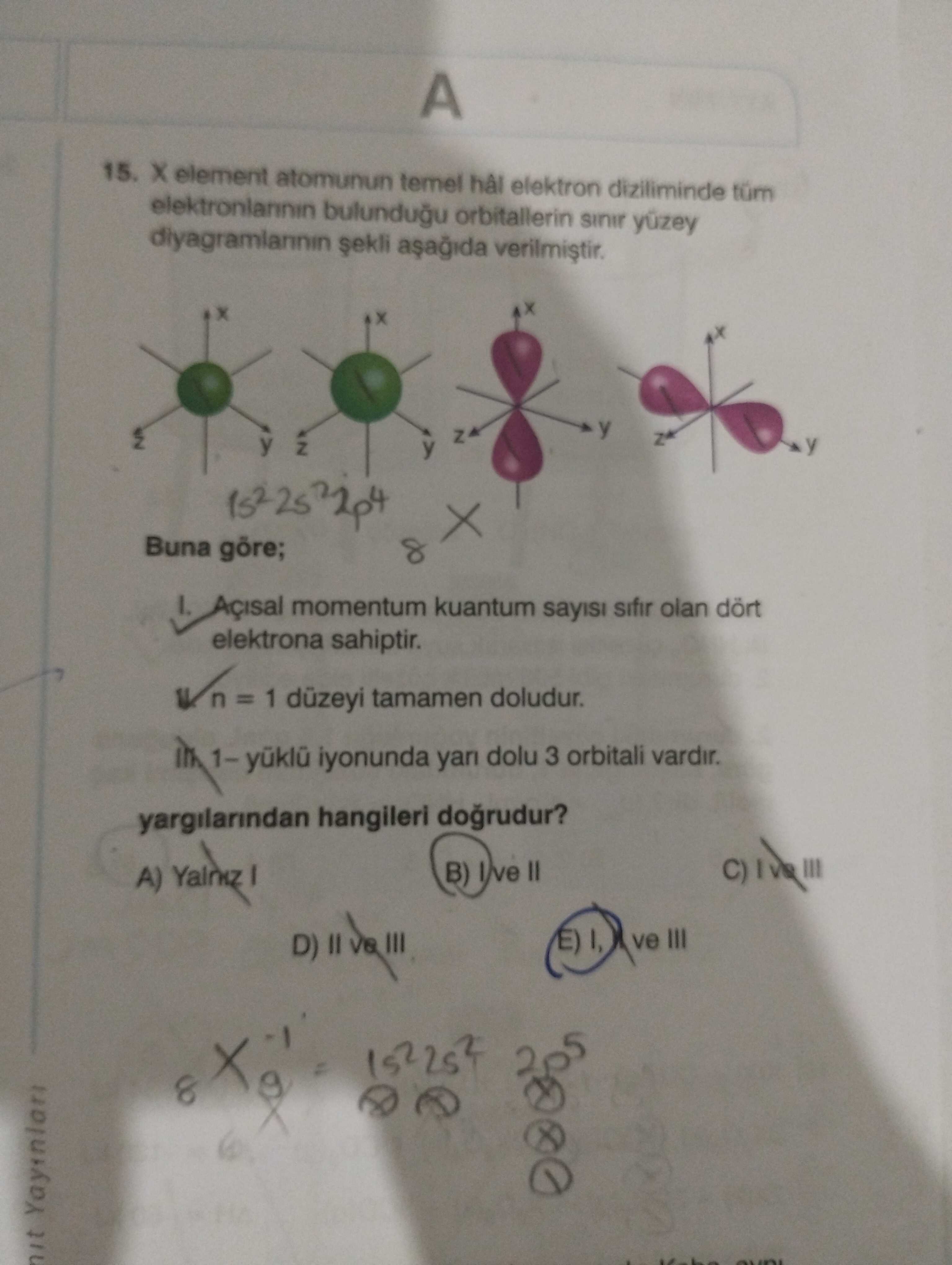 X element atomunun temel hâl elektron diziliminde tüm elektronlarının bulunduğu orbitallerin sınır