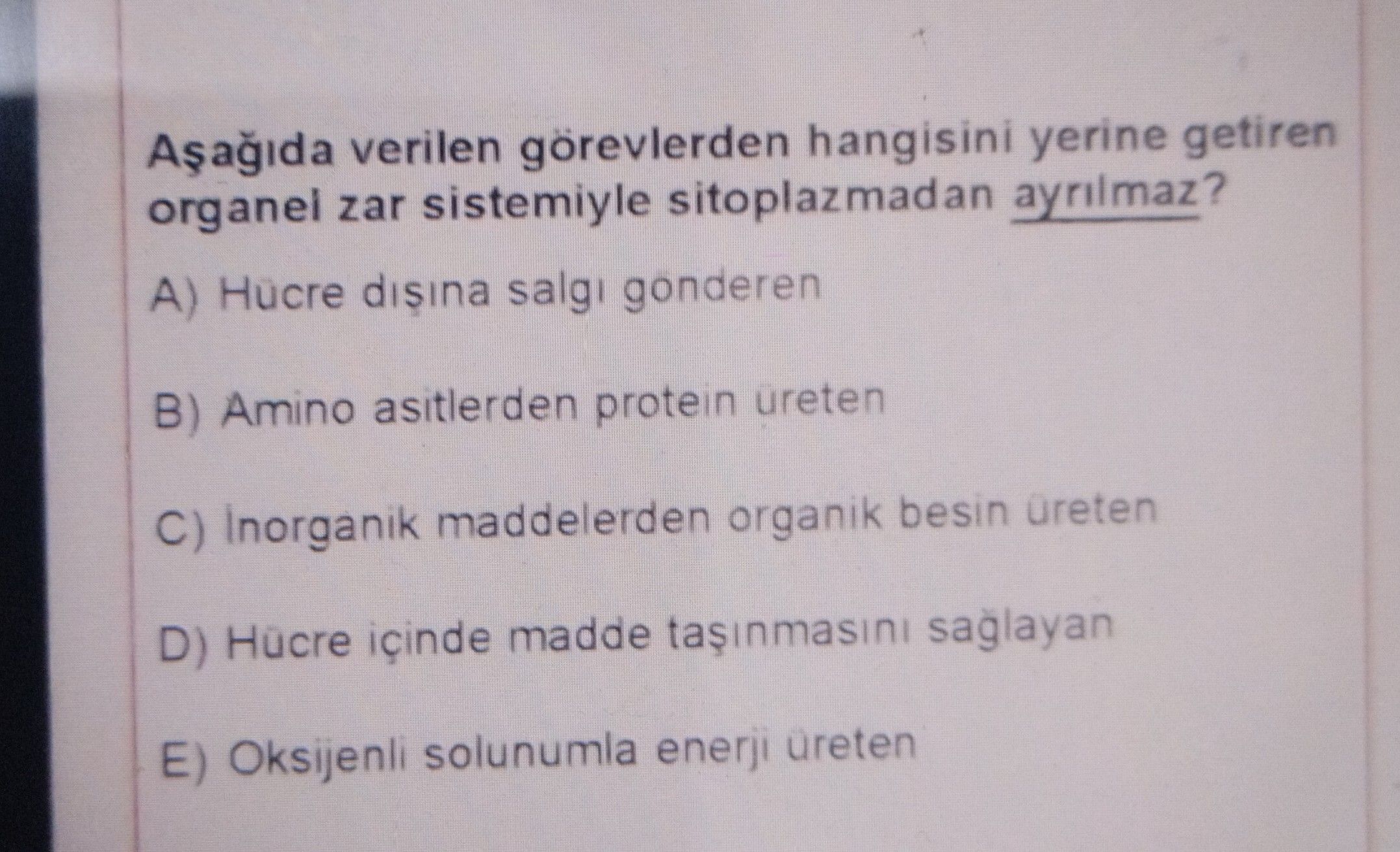 Aşağıda verilen görevlerden hangisini yerine getiren organel zar sistemiyle sitoplazmadan ayrılmaz?