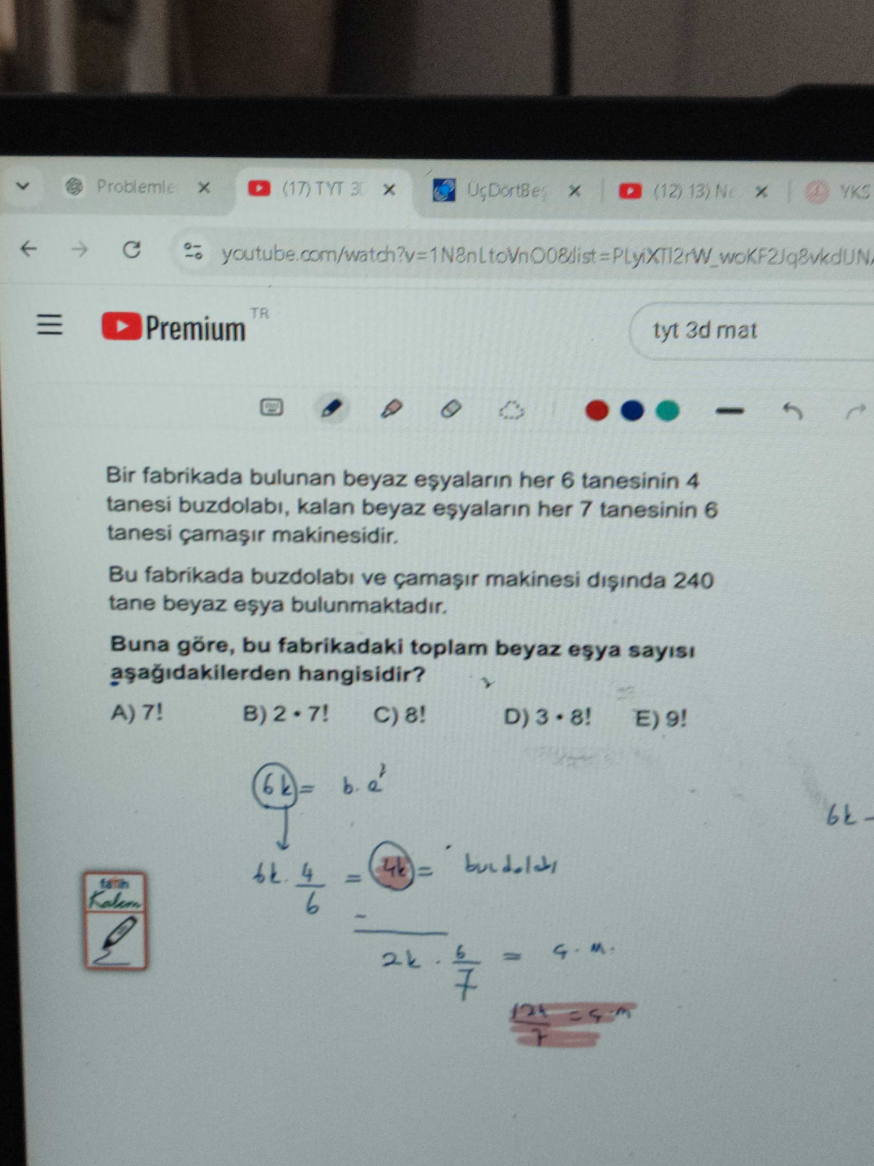 Bir fabrikada bulunan beyaz eşyaların her 6 tanesinin 4 tanesi buzdolabı, kalan beyaz eşyaların her