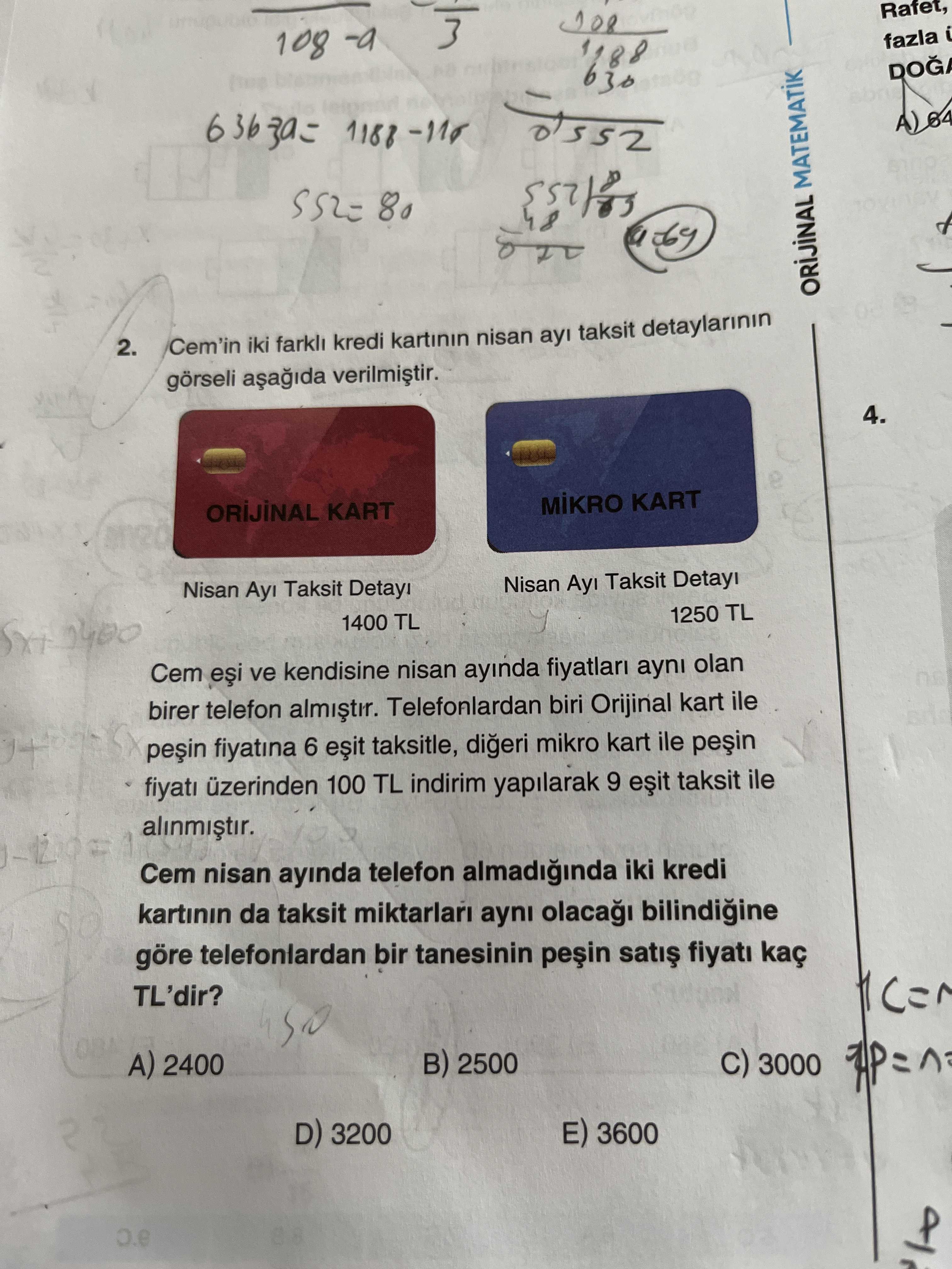 Cem'in iki farklı kredi kartının nisan ayı taksit detaylarının görseli aşağıda verilmiştir. ORİJİNAL