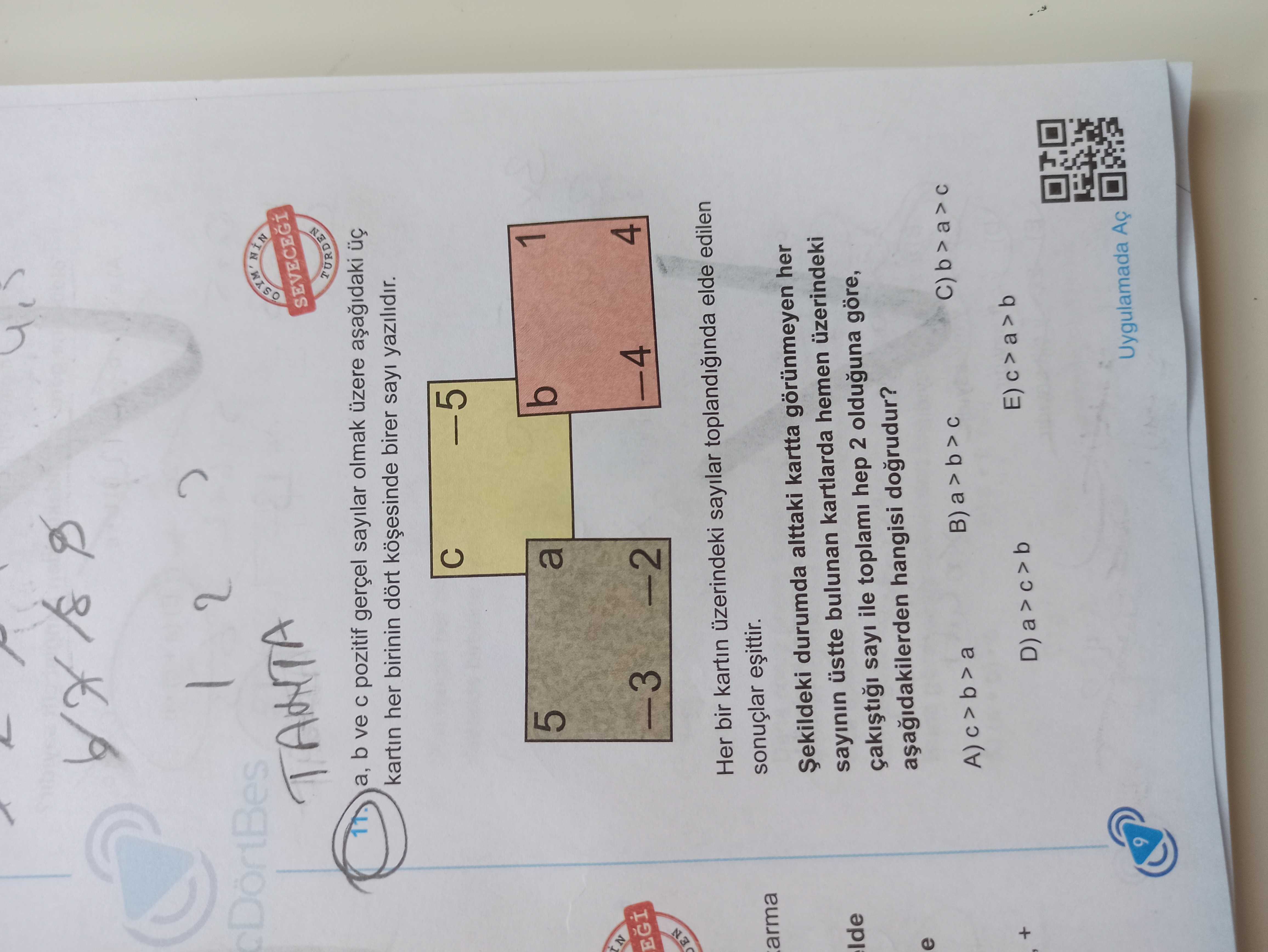 a, b ve c pozitif gerçel sayılar olmak üzere aşağıdaki üç kartın her birinin dört köşesinde birer