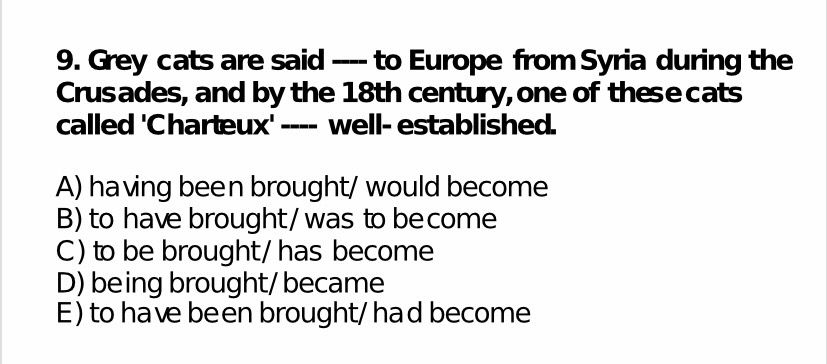Grey cats are said —— to Europe from Syria during the Crusades, and by the 18th century, one of