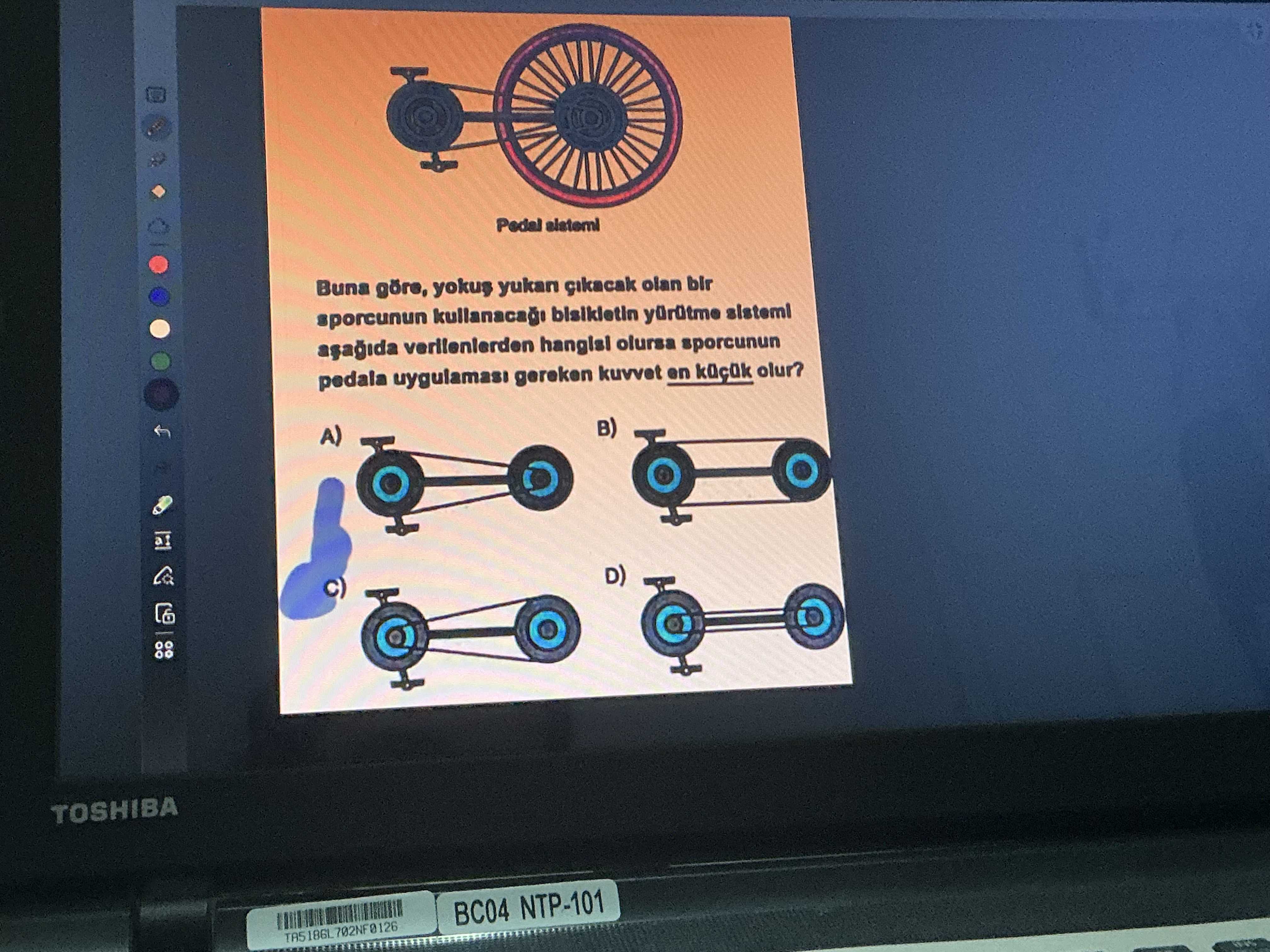Buna göre, yokuş yukarı çıkacak olan bir sporcunun kullanacağı bisikletin yürütme sistemi aşağıda