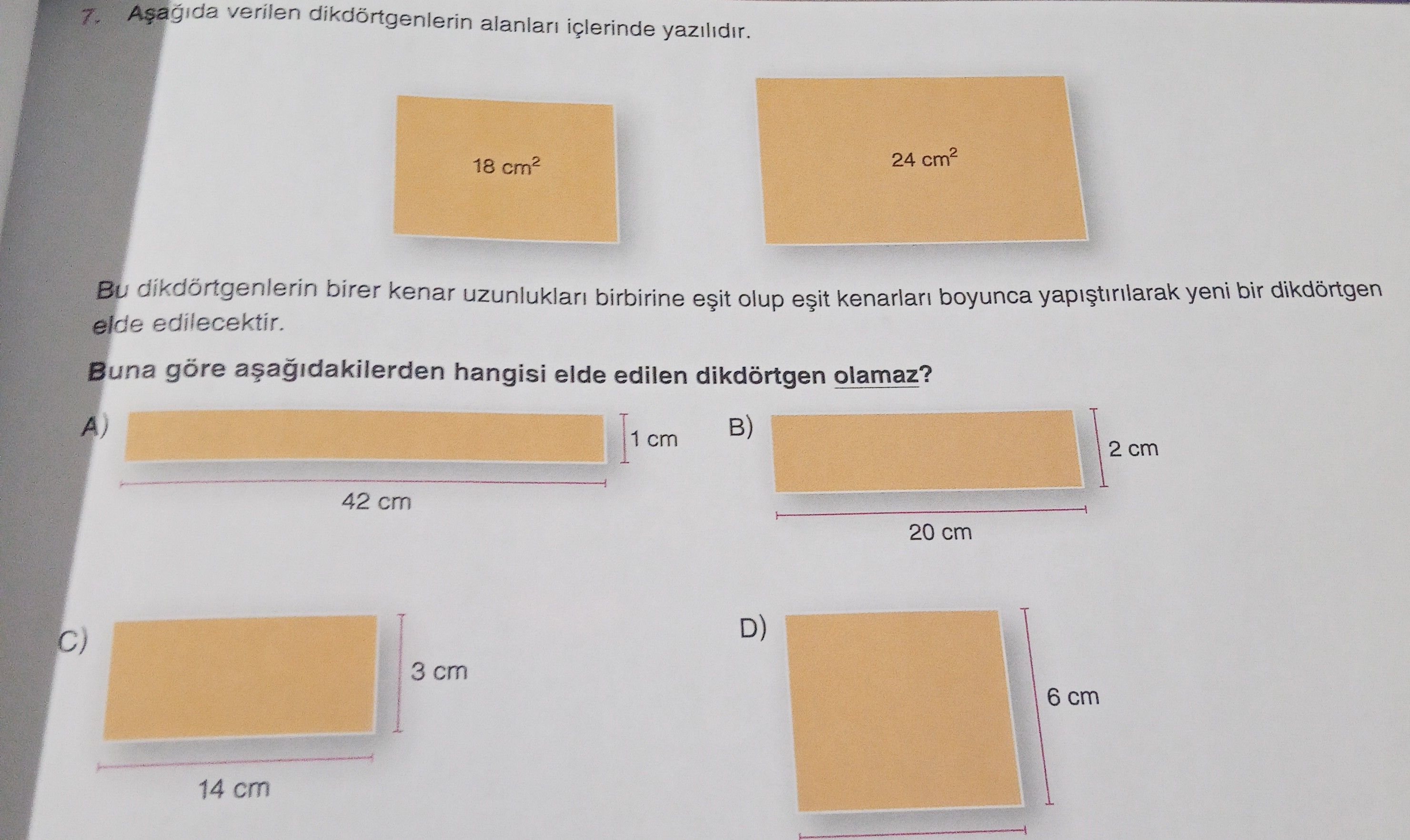 Aşağıda verilen dikdörtgenlerin alanları içlerinde yazılıdır. Bu dikdörtgenlerin birer kenar