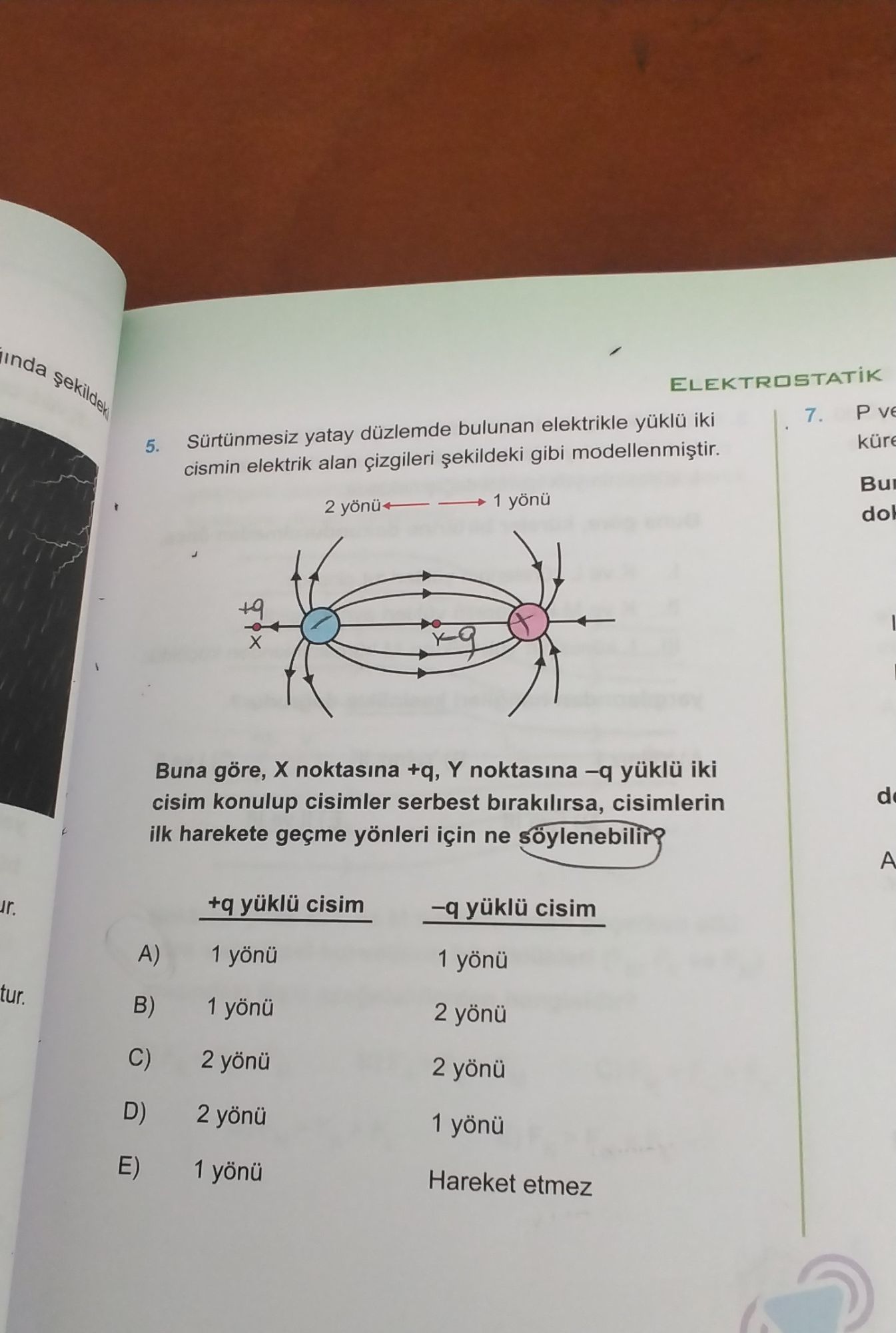 Sürtünmesiz yatay düzlemde bulunan elektrikle yüklü iki cismin elektrik alan çizgileri şekildeki