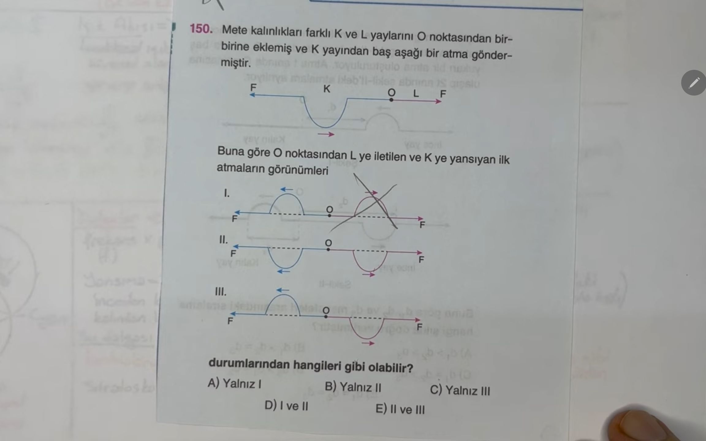 Mete kalınlıkları farklı K ve L yaylarını O noktasından birbirine eklemiş ve K yayından baş aşağı