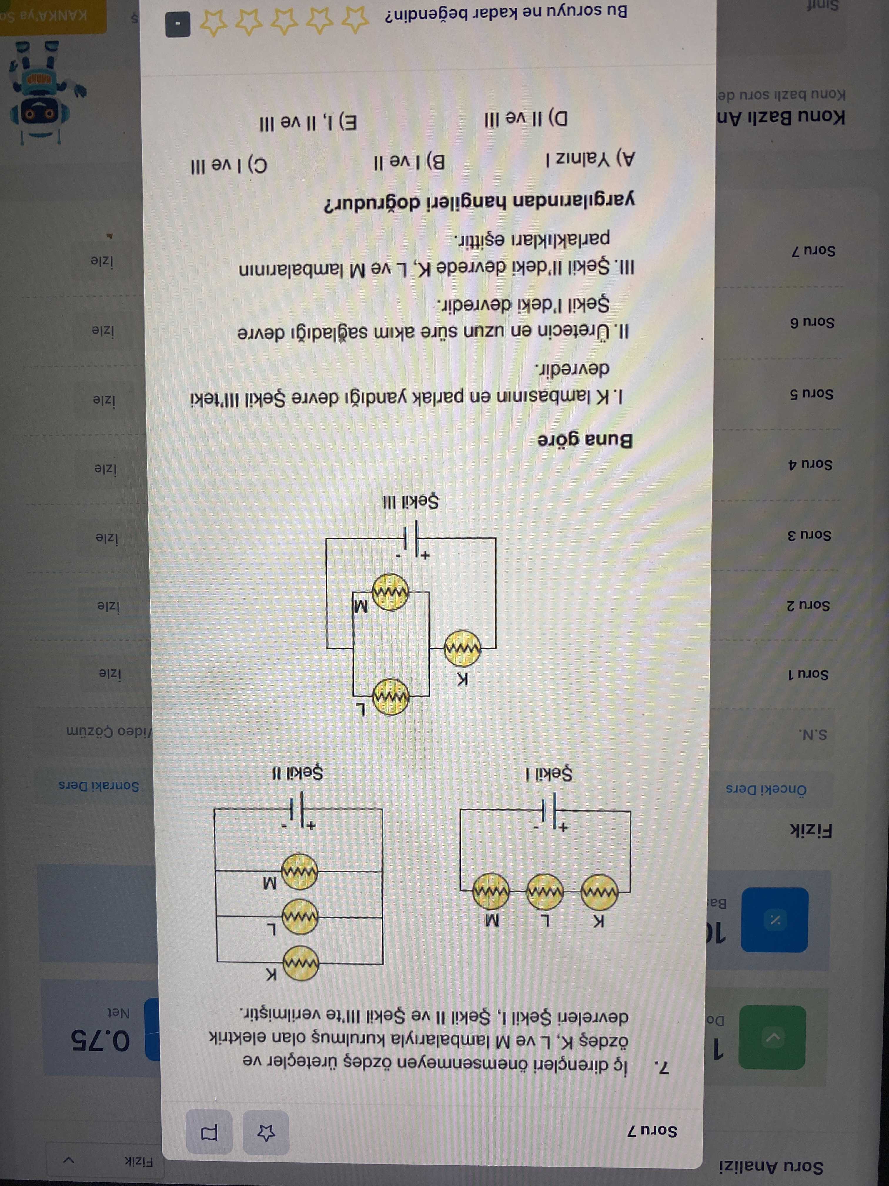 İç dirençleri önemsenmeyen özdeş üretçler ve özdeş K, L ve M lambalarıyla kurulmuş olan elektrik