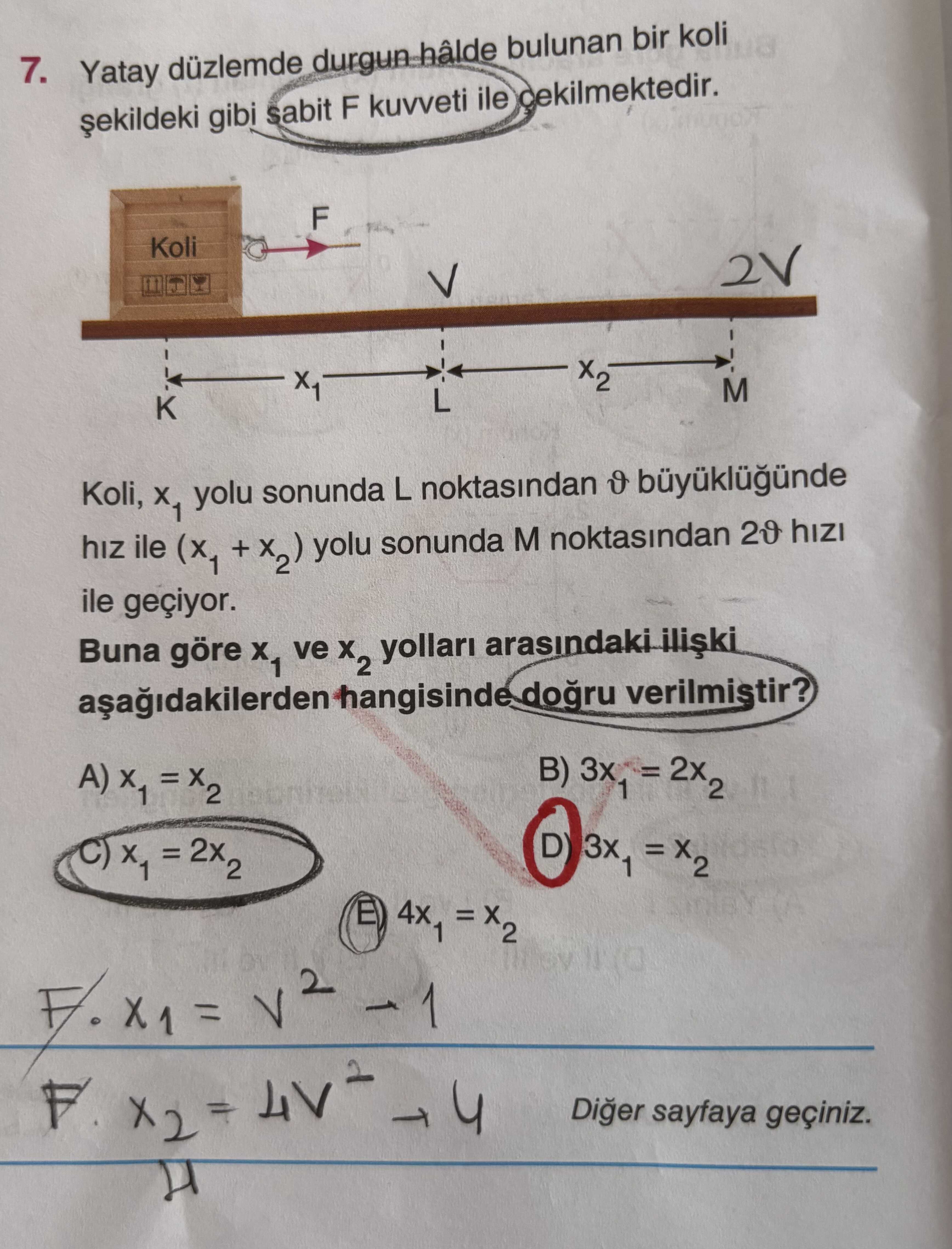 Yatay düzlemde durgun hâlde bulunan bir koli şekildeki gibi sabit F kuvveti ile çekilmektedir. Koli