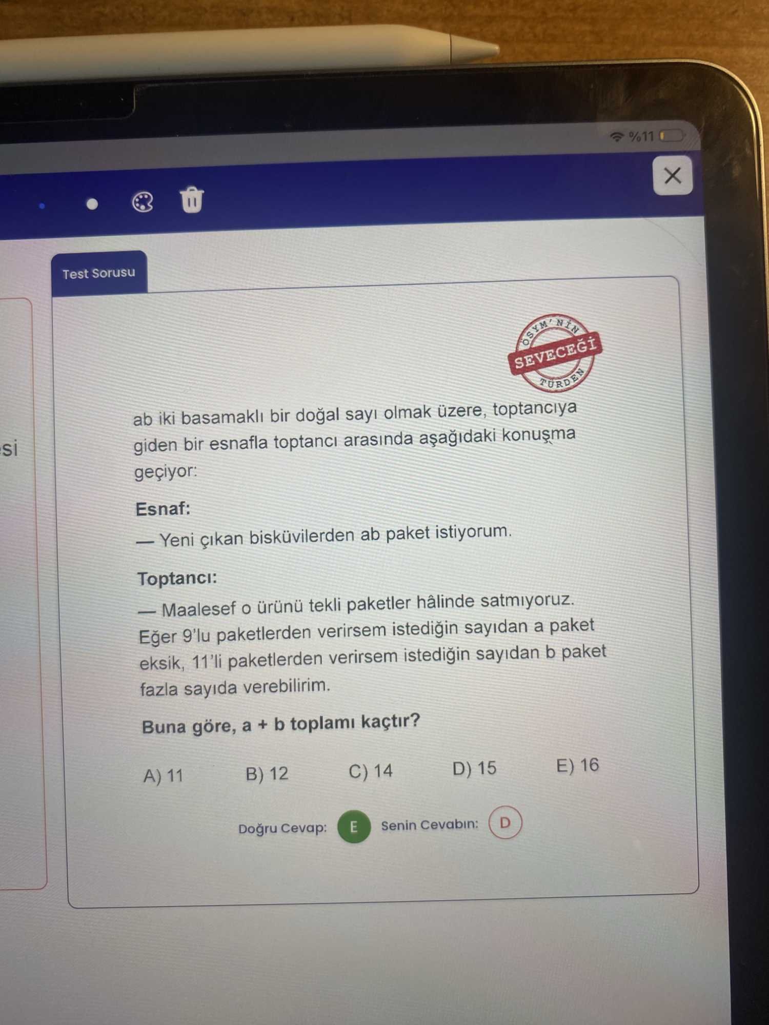 ab iki basamaklı bir doğal sayı olmak üzere, toptancıya giden bir esnafla toptancı arasında