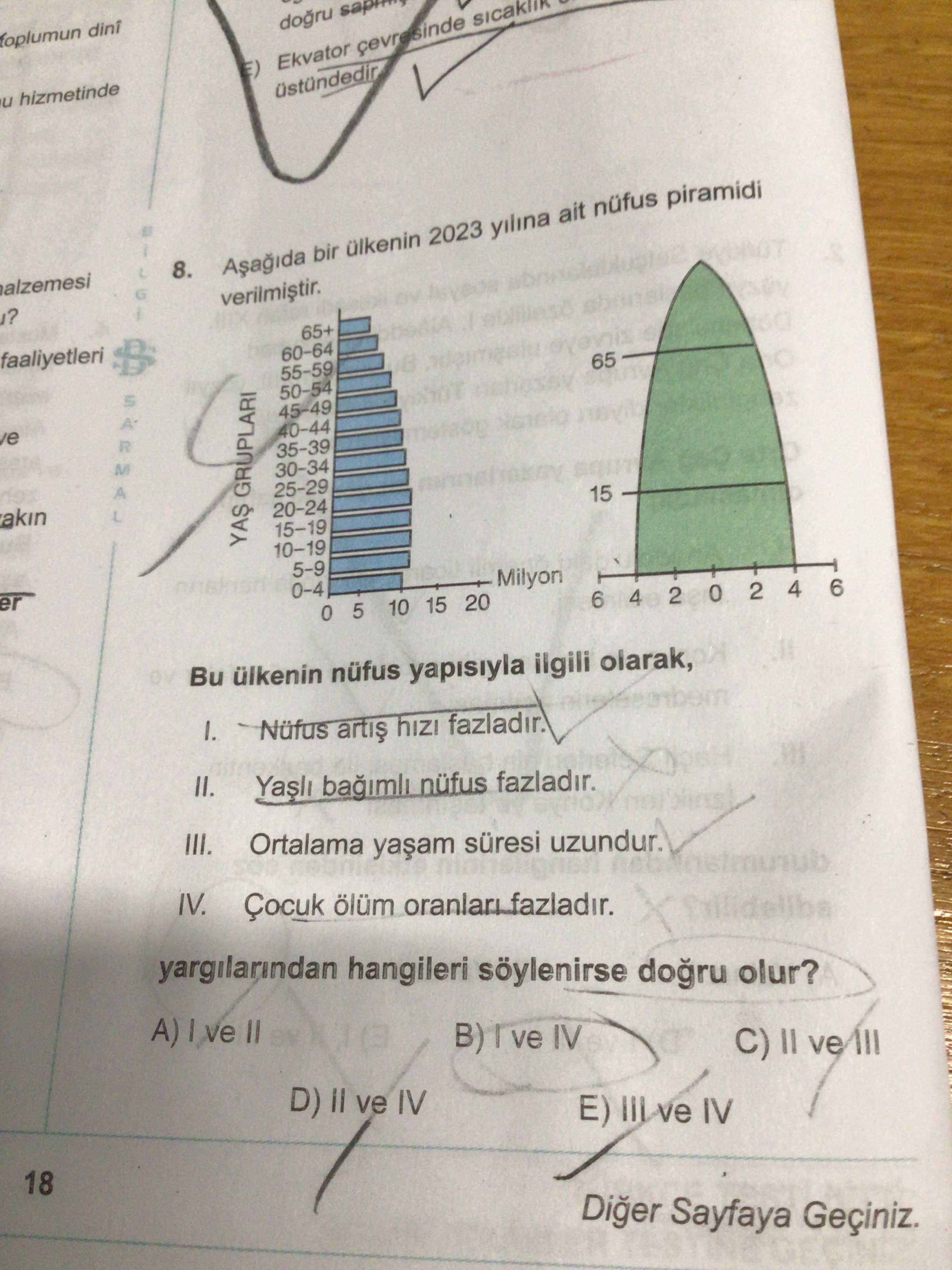 Aşağıda bir ülkenin 2023 yılına ait nüfus piramidi verilmiştir. Bu ülkenin nüfus yapısıyla ilgili