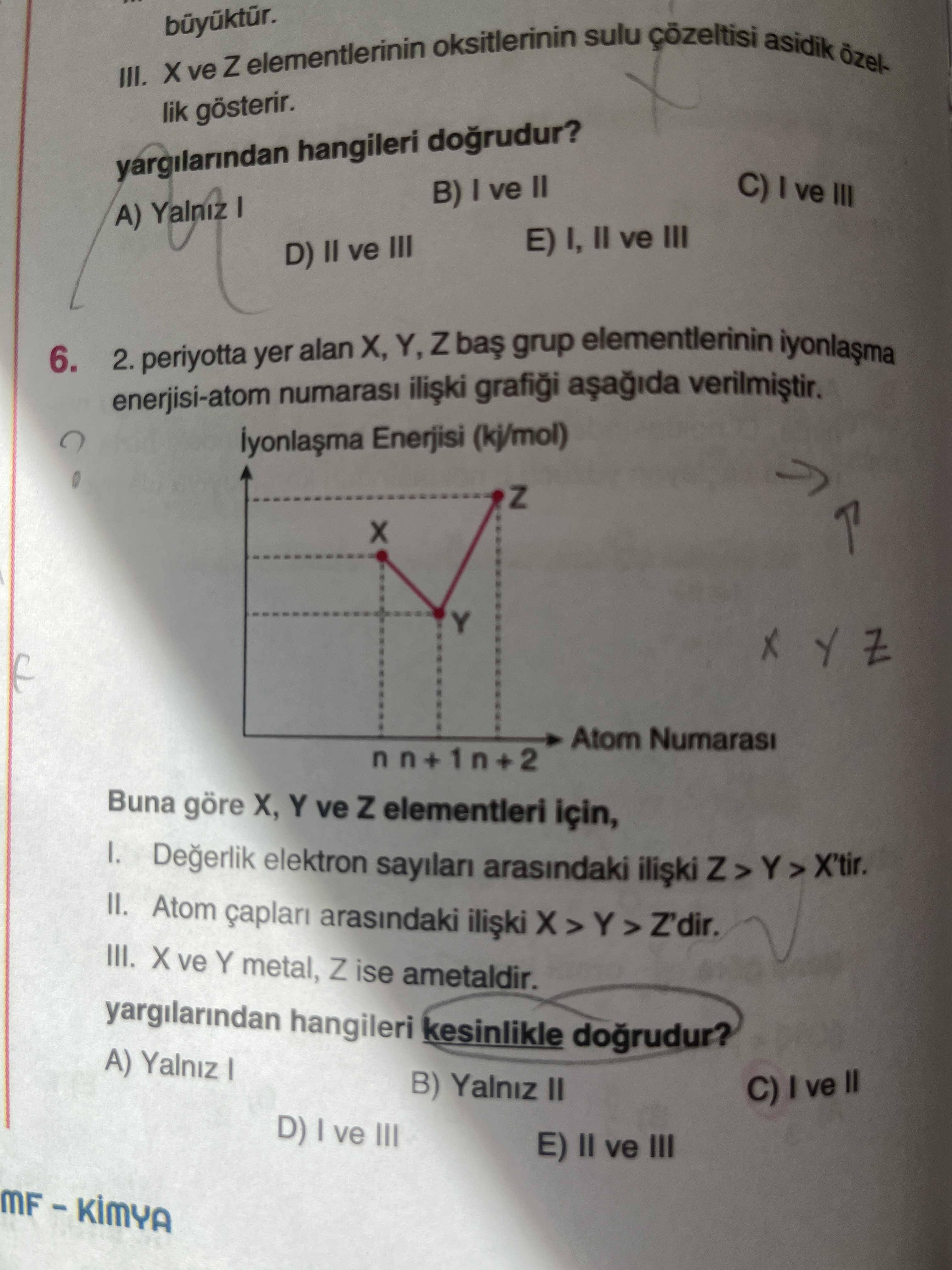 III. ve Z elementlerinin oksitlerinin sulu çözeltisi asidik özellik gösterir. yargilarindan hangileri C) I ve III B) I ve II A) Yalniz I E) I, II ve III D) ve III 6. 2. periyotta yer alan X, Y, Z grup elementlerinin enerjisi-atom numarasi Enerjisi (kj/mol) Z Y Atom Numarasi Buna göre X, Y ve Z elementleri için, Degerlik elektron arasindaki II. Atom arasindaki Z'dir. ve Y metal, Z ise ametaldir. yargilarindan hangileri kesinlikle A) Yalniz B) Yalniz II C) ve D) ve III E) II ve III. ?? Model.Question.title