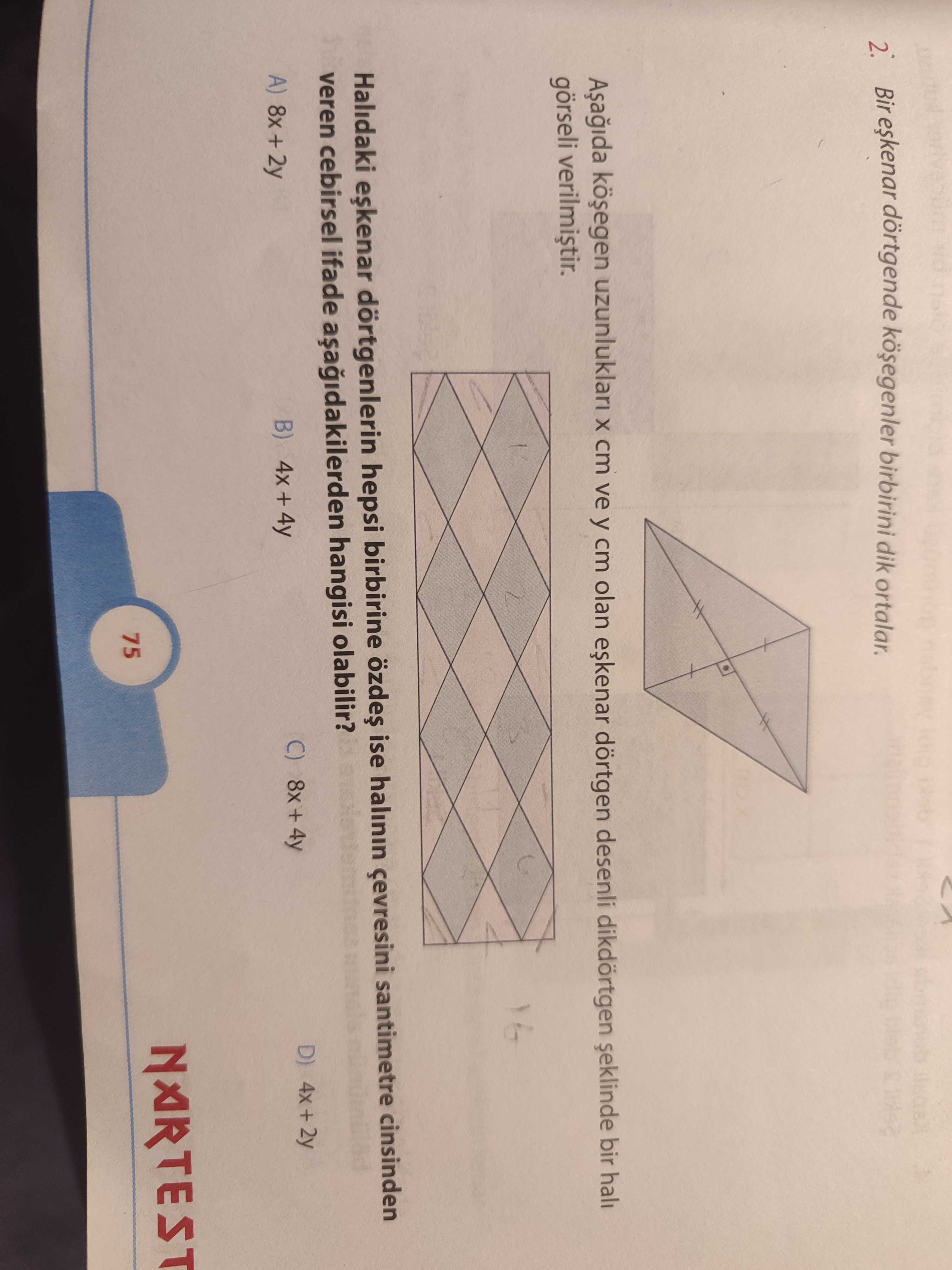Bir eşkenar dörtgende köşegenler birbirini dik ortalar. 2. Aşağıda köşegen uzunlukları x cm ve y cm