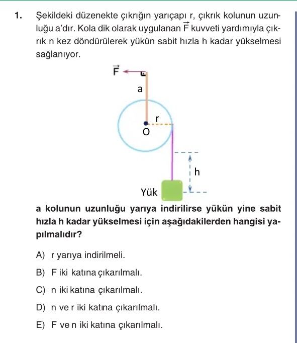 Şekildeki düzenekte çıkrığın yarıçapı r, çıkrık kolunun uzunluğu a'dır. Kola dik olarak uygulanan F