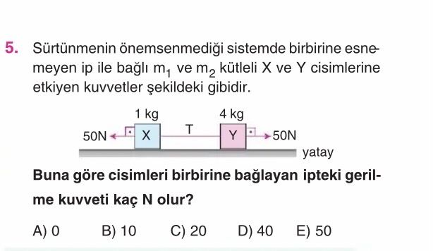 Sürtünmenin önemsenmediği sistemde birbirine esnemeyen ip ile bağlı m₁ ve m₂ kütleli X ve Y