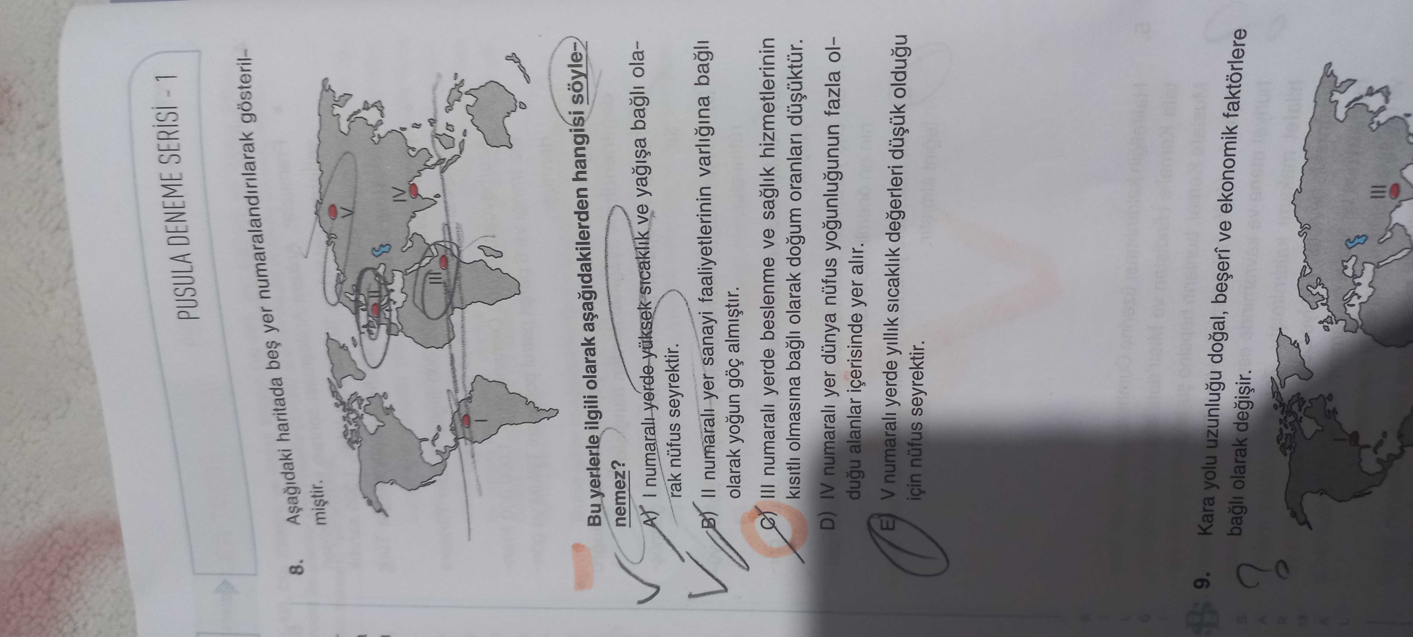 Aşağıdaki haritada beş yer numaralandırılarak gösterilmiştir. Bu yerlerle ilgili olarak