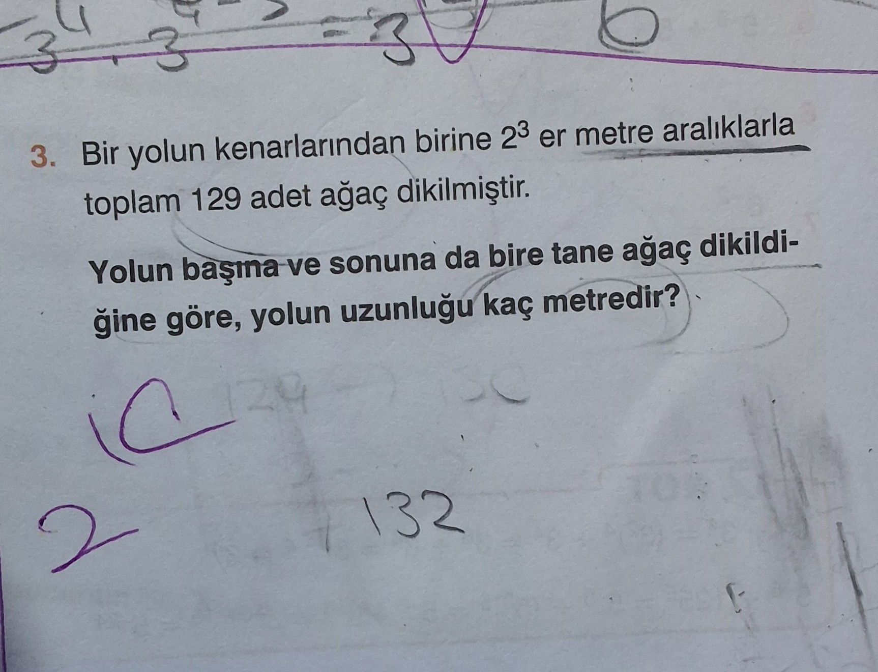 Bir yolun kenarlarından birine 2³ er metre aralıklarla toplam 129 adet ağaç dikilmiştir. Yolun