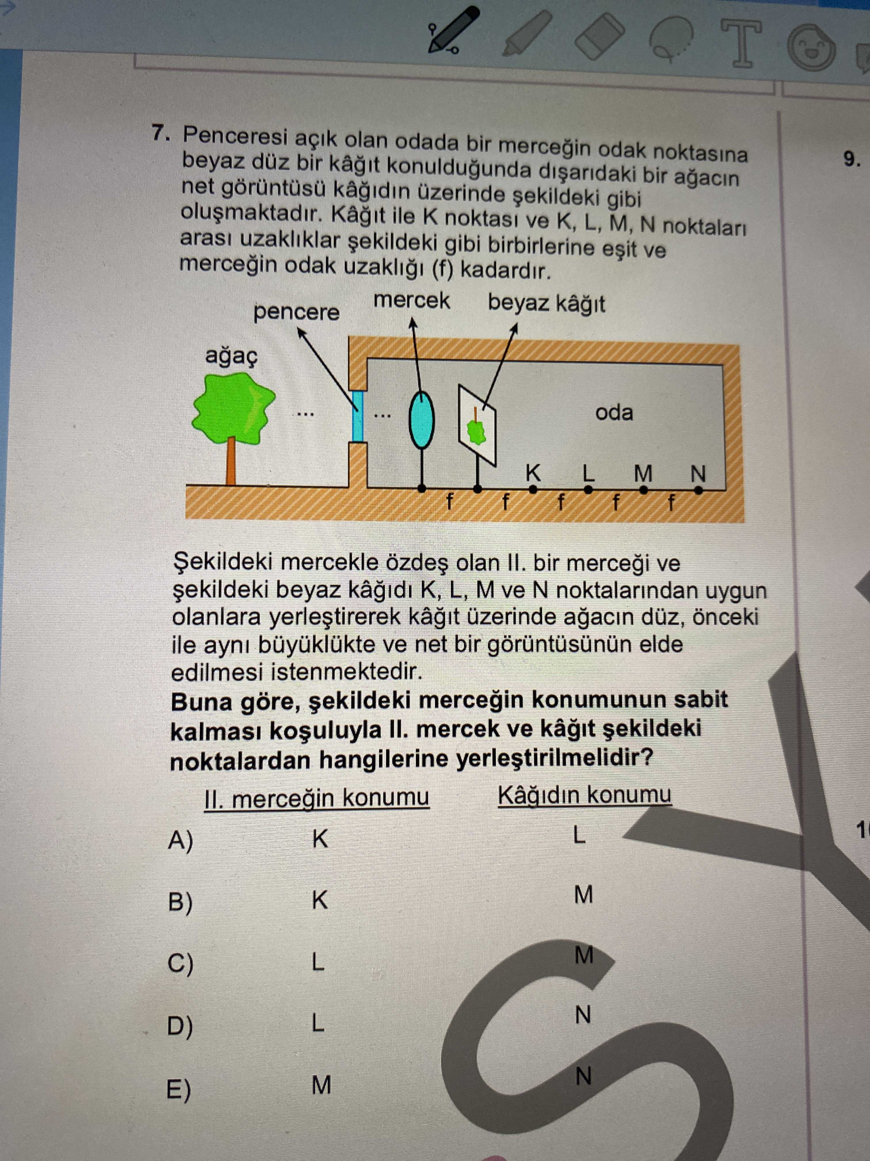 Penceresi açık olan odada bir merceğin odak noktasına beyaz düz bir kâğıt konulduğunda dışarıdaki