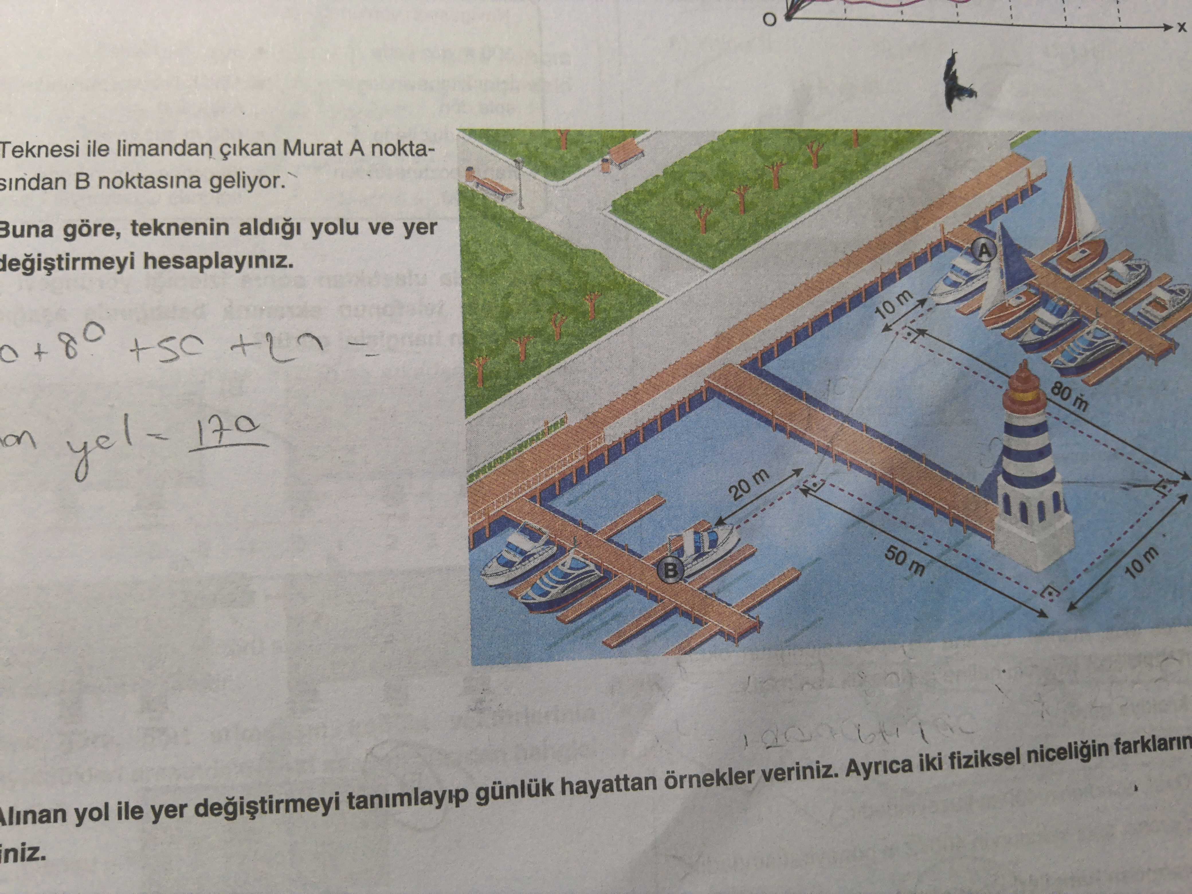 Teknesi ile limandan çıkan Murat A noktasından B noktasına geliyor. Buna göre, teknenin aldığı yolu