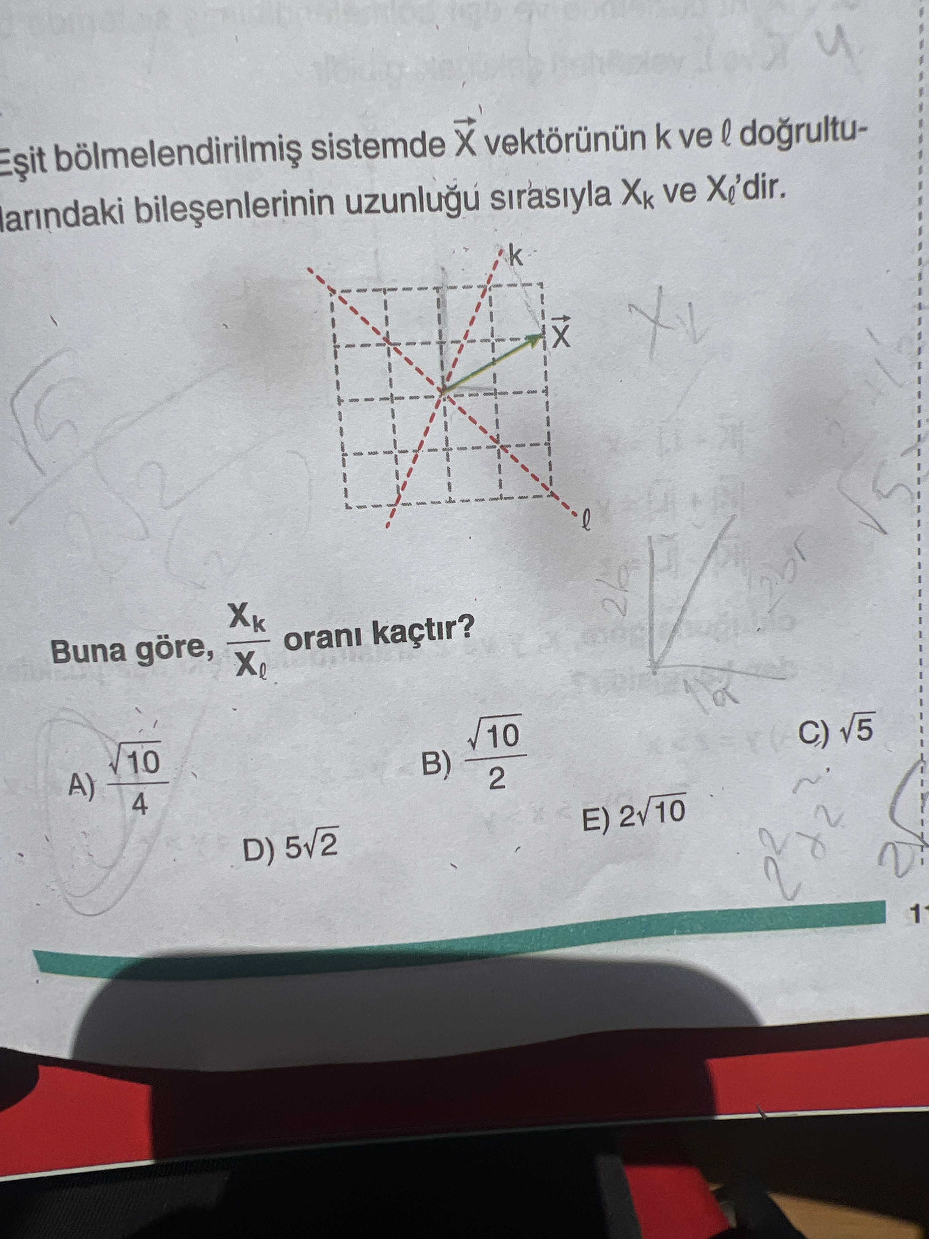 Eşit bölmelendirilmiş sistemde X vektörünün k ve ℓ doğrultularındaki bileşenlerinin uzunluğu