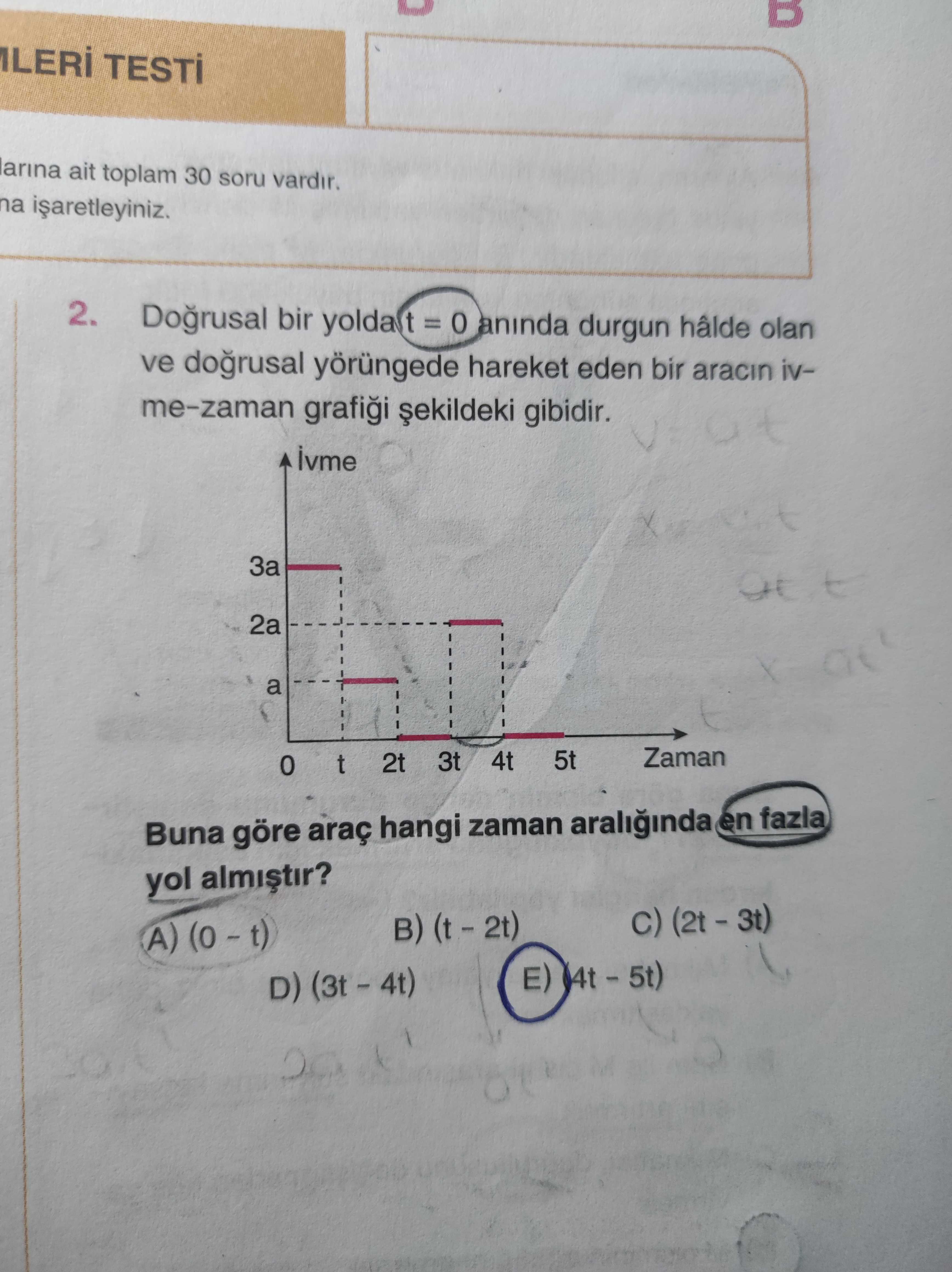 Doğrusal bir yolda t = 0 anında durgun hâlde olan ve doğrusal yörüngede hareket eden bir aracın
