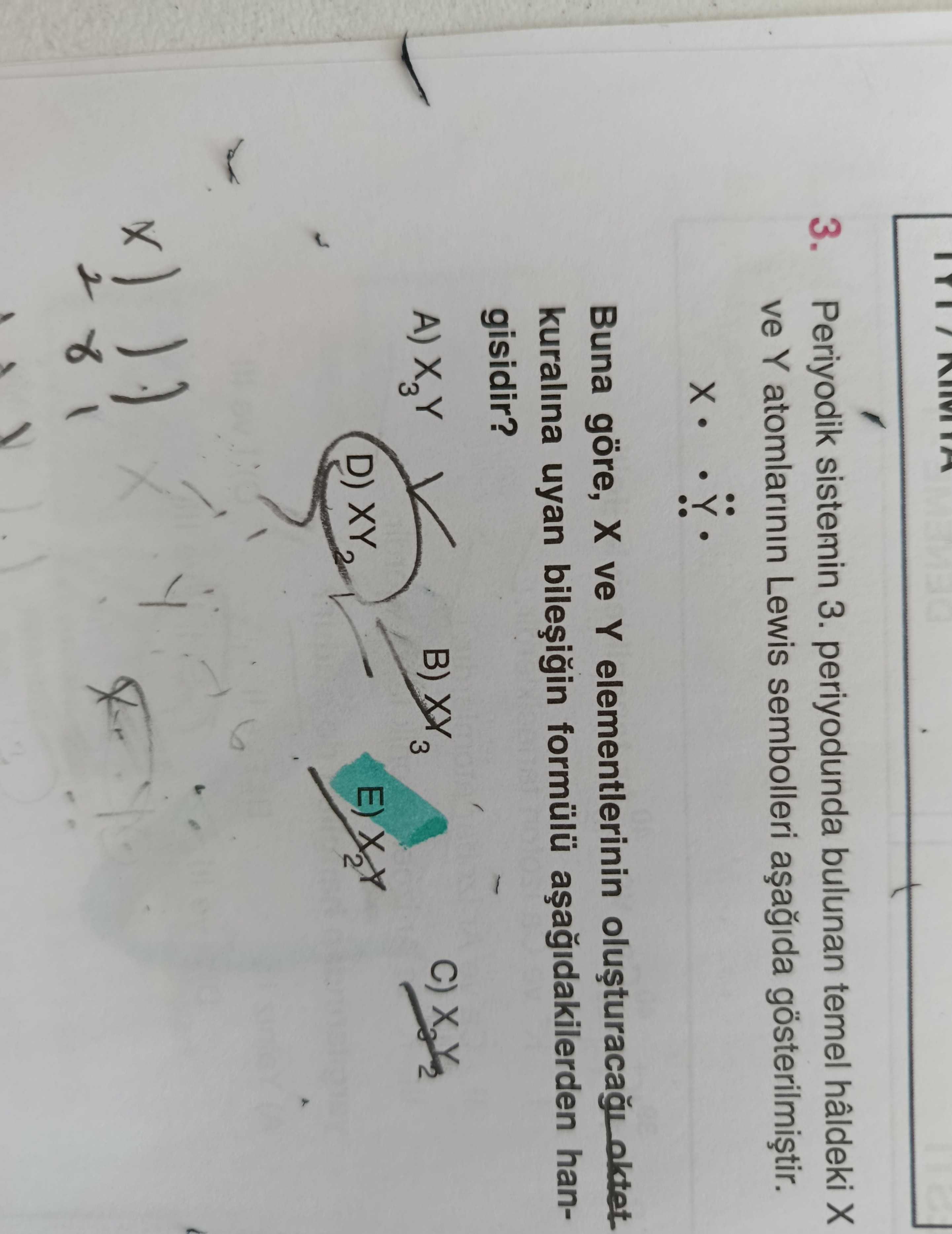 Periyodik sistemin 3. periyodunda bulunan temel hâldeki X ve Y atomlarının Lewis sembolleri aşağıda