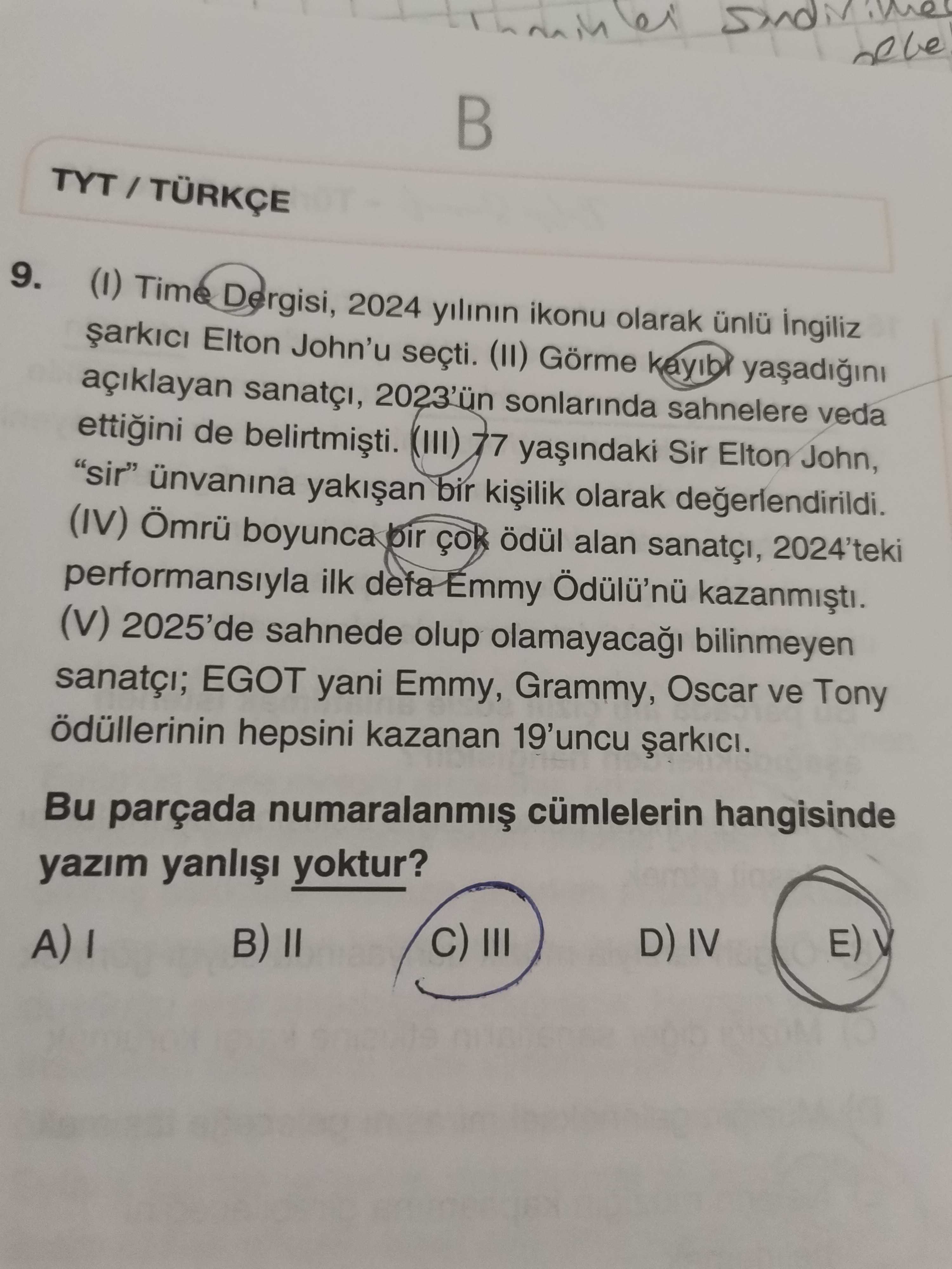 (I) Time Dergisi, 2024 yılının ikonu olarak ünlü İngiliz şarkıcı Elton John'u seçti. (II) Görme