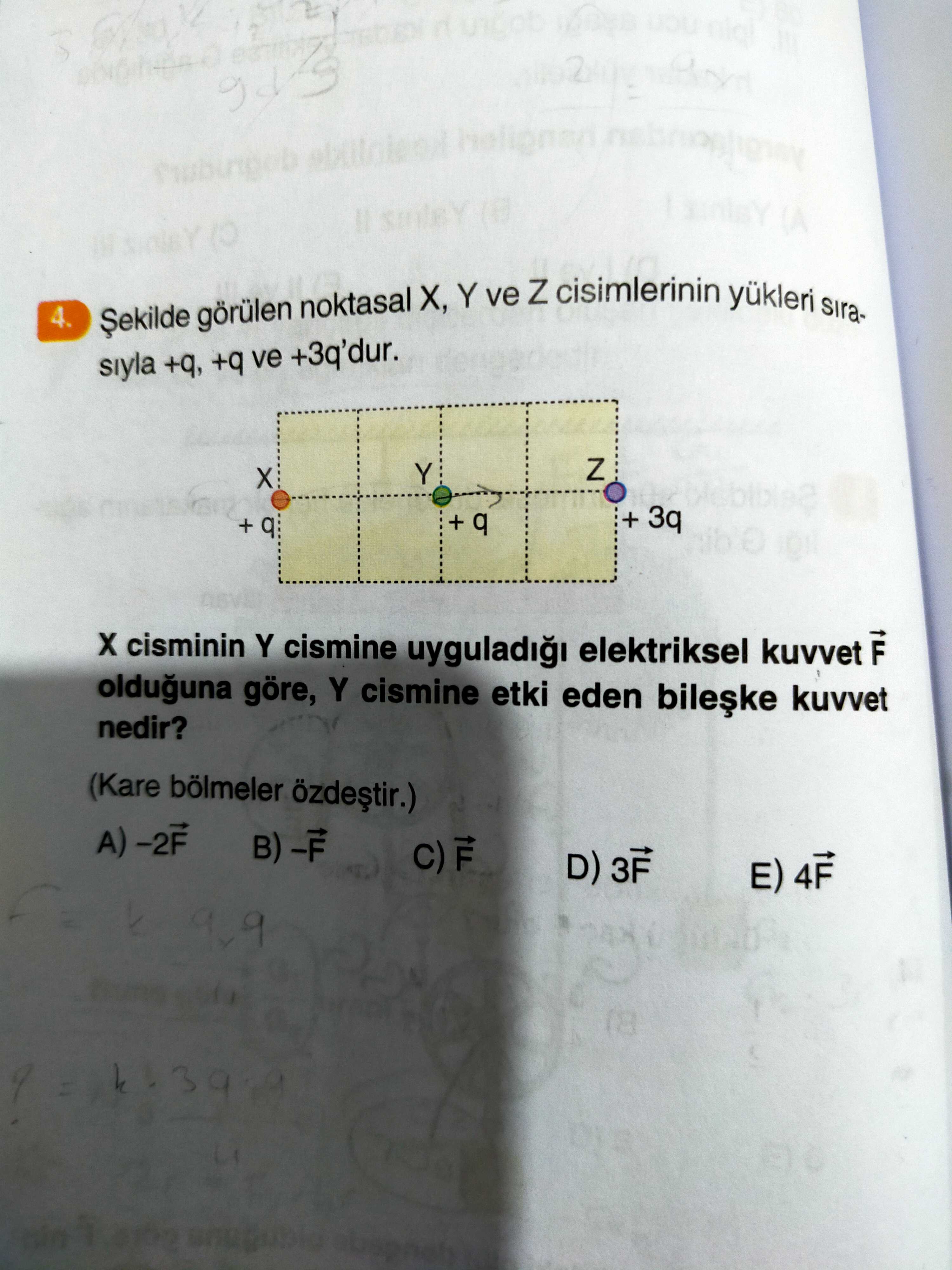 (A 4. görülen noktasal X, Y ve Z cisimlerinin yükleri sirasiyla +q, +q ve +3q'dur. Z Y + 3q q + + q cisminin Y cismine uyguladi elektriksel kuvvet olduguna göre, Y cismine etki eden kuvvet nedir. (Kare bölmeler B) D) 4F 39 (A 4. (Kare bölmeler B) D) 4F 39. ?? Model.Question.title