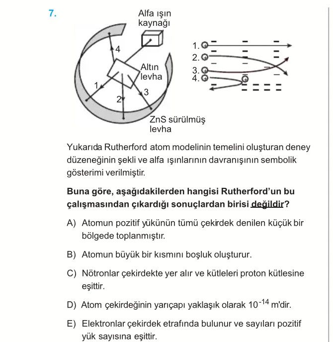 Yukarıda Rutherford atom modelinin temelini oluşturan deney düzeneğinin şekli ve alfa ışınlarının