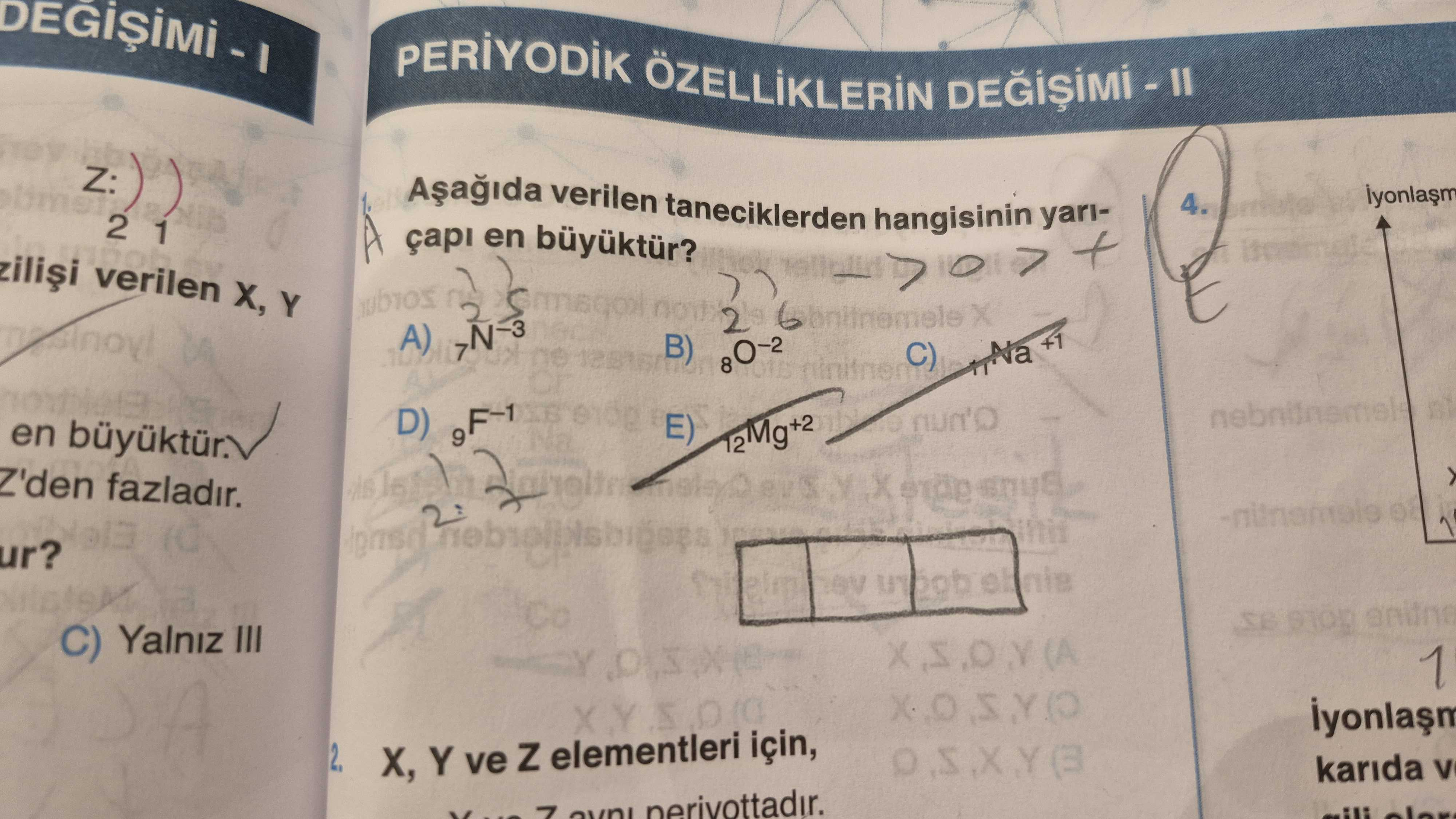 Aşağıda verilen taneciklerden hangisinin yarıçapı en büyüktür?