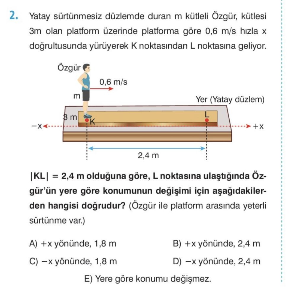 Yatay sürtünmesiz düzlemde duran m kütleli Özgür, kütlesi 3m olan platform üzerinde platforma göre