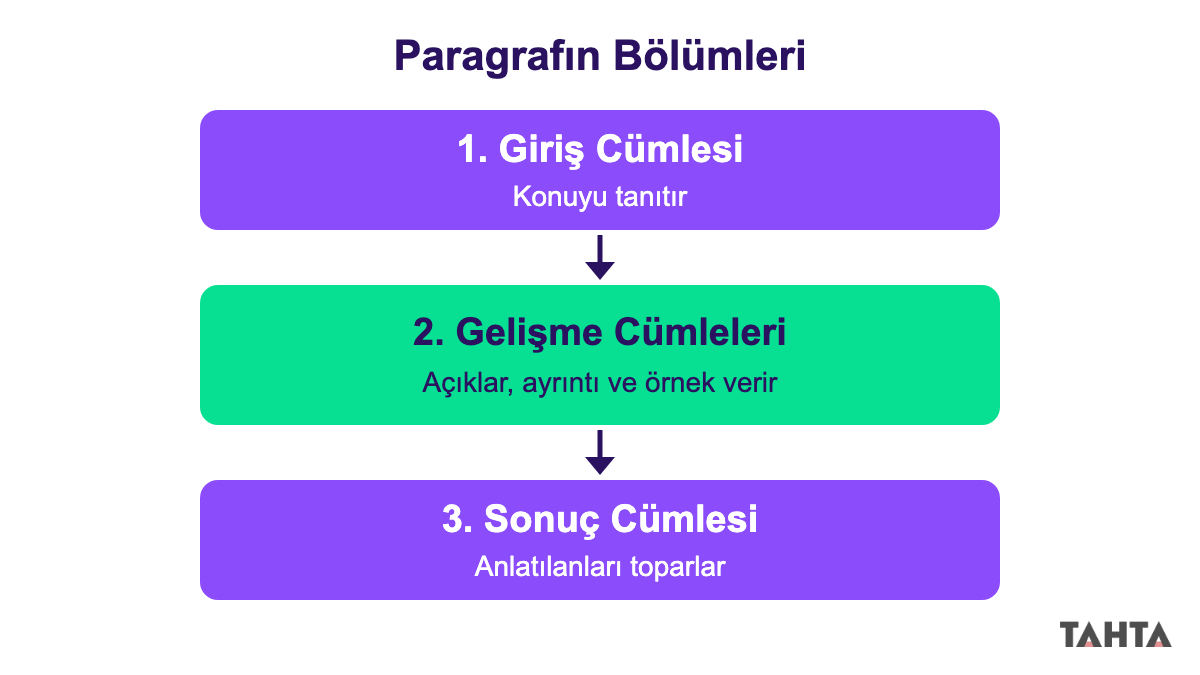 Paragrafın giriş, gelişme ve sonuç cümlesi bölümlerini ve görevlerini gösteren şema